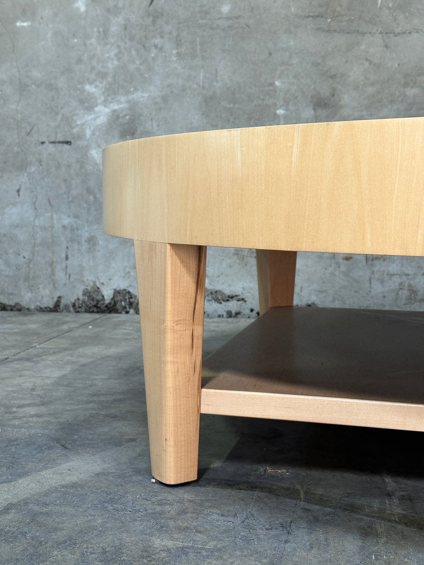 Custom 1970s-80s Round Light Wood Coffee Table, Sculpted Trestle Base, From Michael Taylor-Decorated Estate, 52 Inch