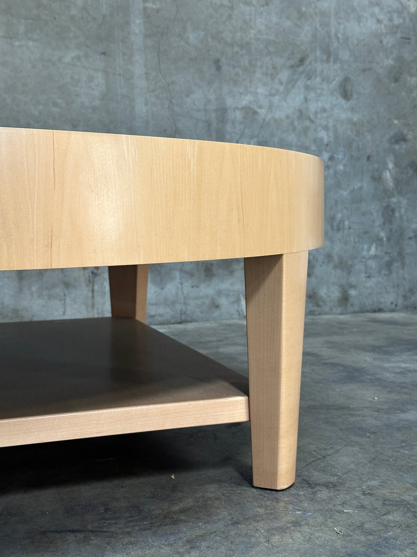 Custom 1970s-80s Round Light Wood Coffee Table, Sculpted Trestle Base, From Michael Taylor-Decorated Estate, 52 Inch
