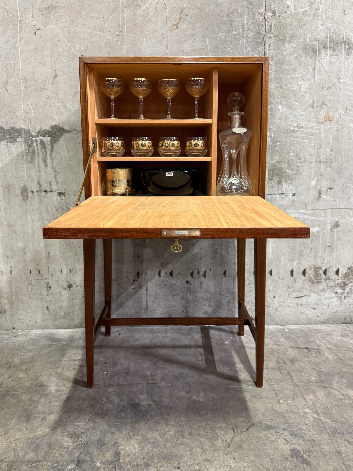 Frits Henningsen Danish Teak Drop-Front Bar Cabinet – 1940s Mid-Century Secretary (38” Tall)