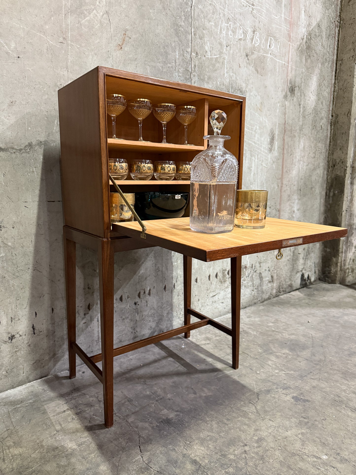 Frits Henningsen Danish Teak Drop-Front Bar Cabinet – 1940s Mid-Century Secretary (38” Tall)