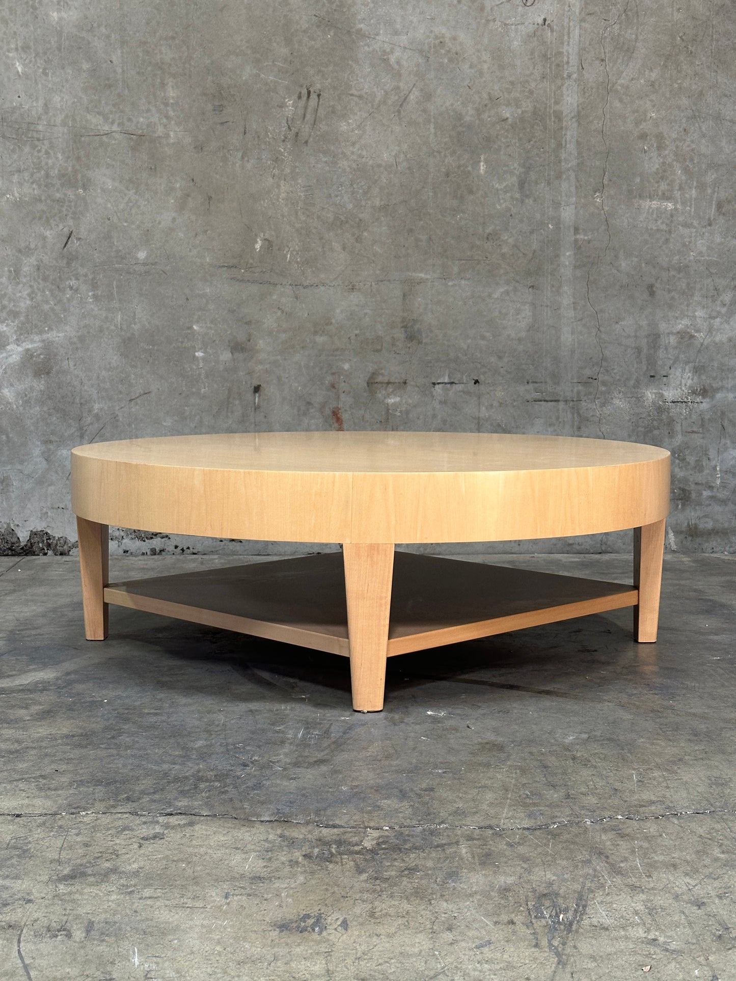 Custom 1970s-80s Round Light Wood Coffee Table, Sculpted Trestle Base, From Michael Taylor-Decorated Estate, 52 Inch
