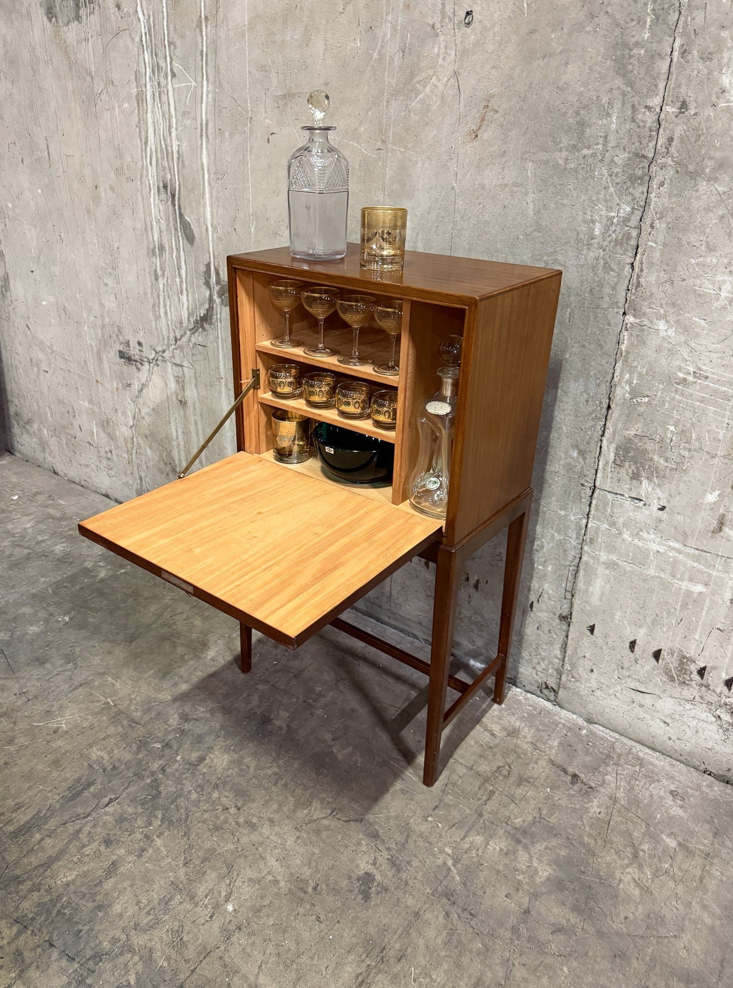 Frits Henningsen Danish Teak Drop-Front Bar Cabinet – 1940s Mid-Century Secretary (38” Tall)