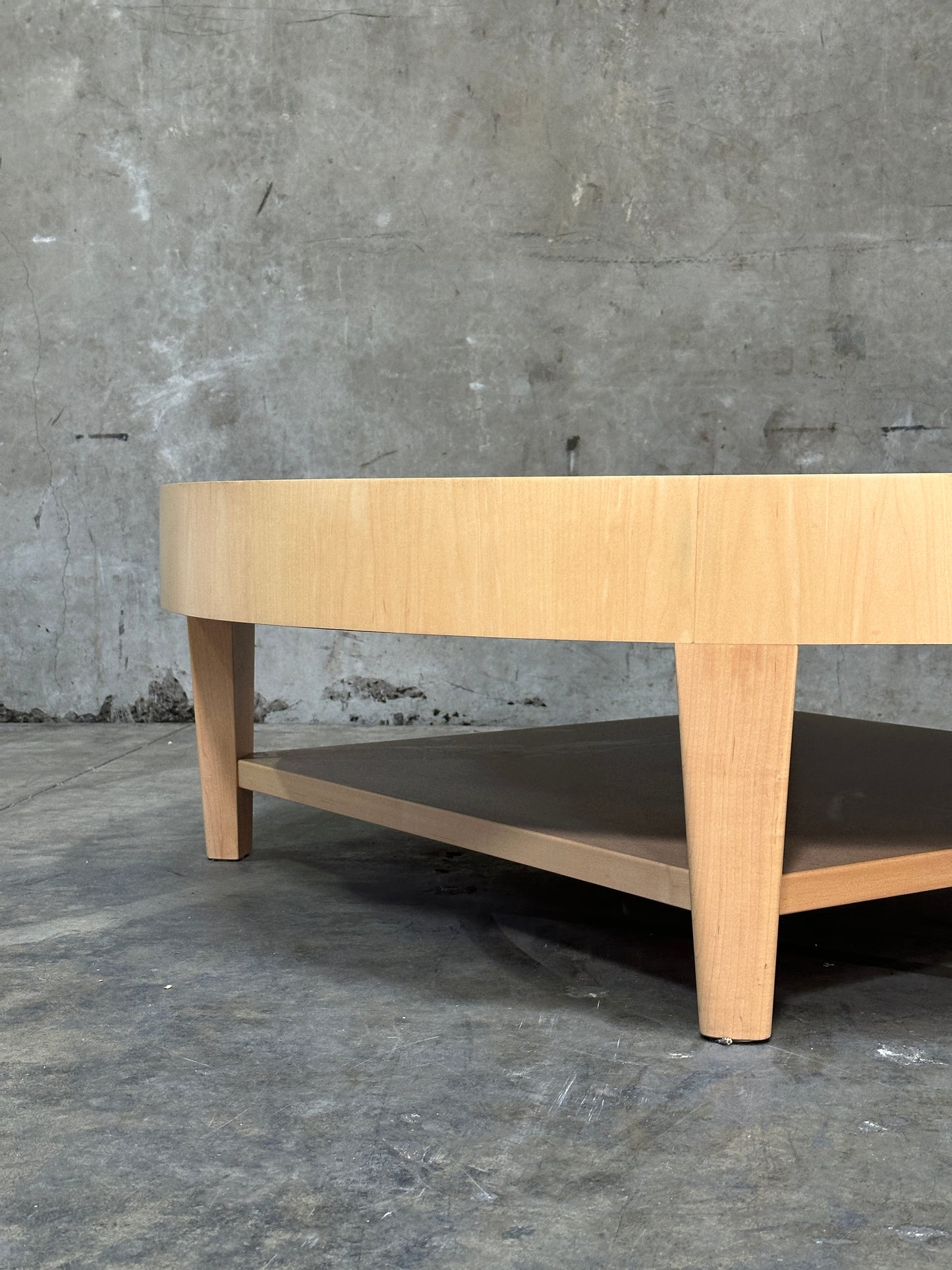 Custom 1970s-80s Round Light Wood Coffee Table, Sculpted Trestle Base, From Michael Taylor-Decorated Estate, 52 Inch