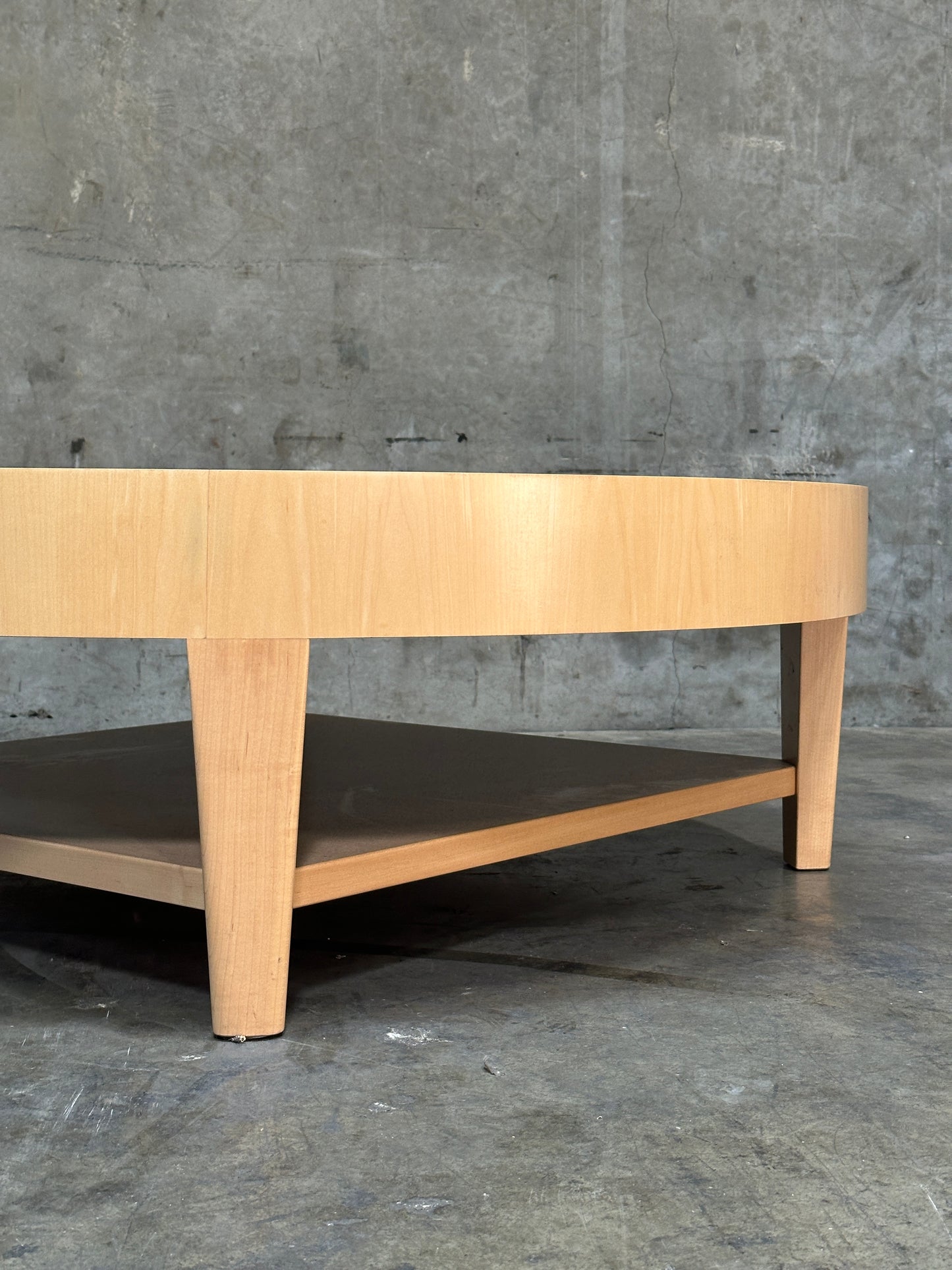 Custom 1970s-80s Round Light Wood Coffee Table, Sculpted Trestle Base, From Michael Taylor-Decorated Estate, 52 Inch