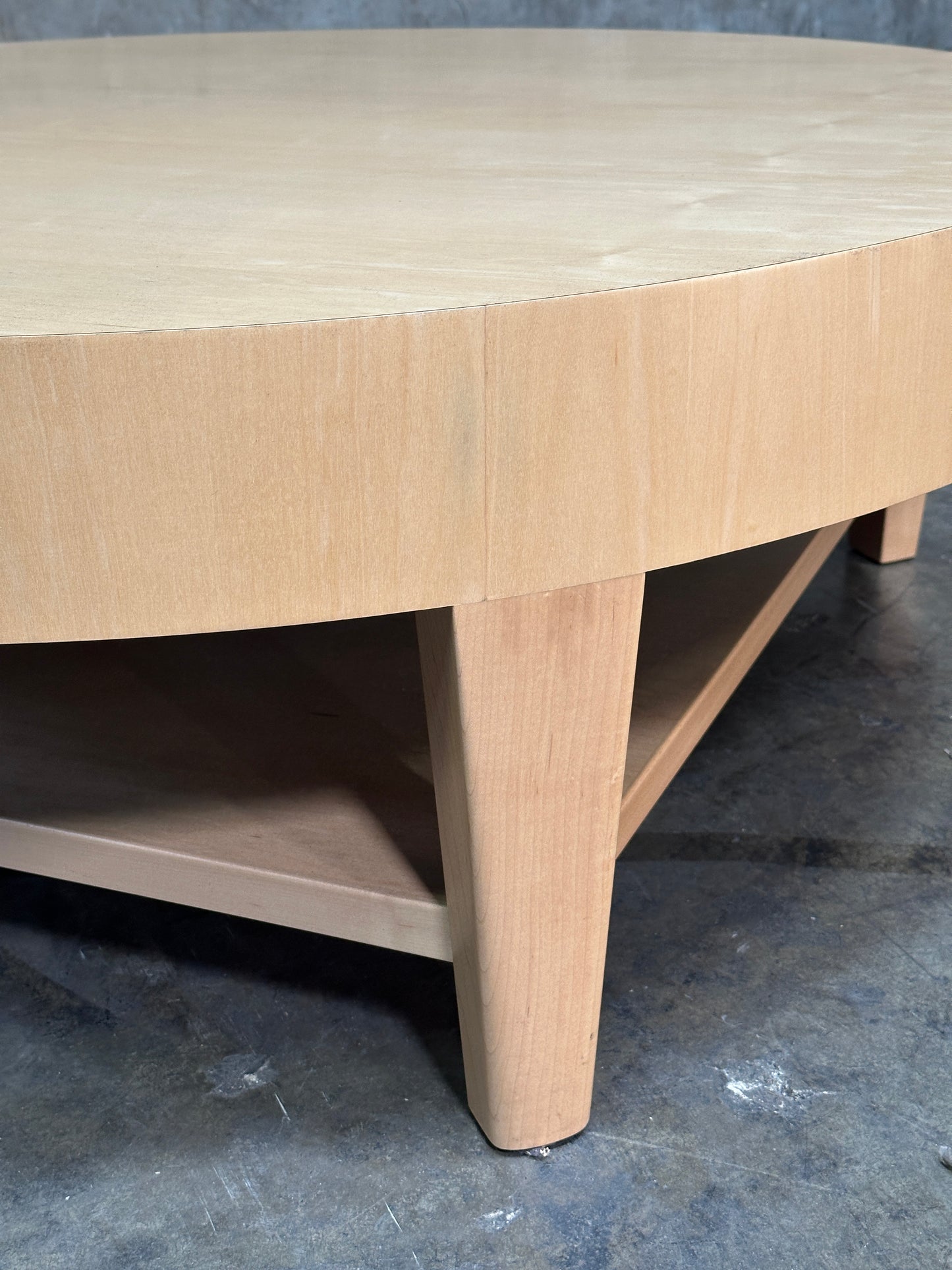 Custom 1970s-80s Round Light Wood Coffee Table, Sculpted Trestle Base, From Michael Taylor-Decorated Estate, 52 Inch
