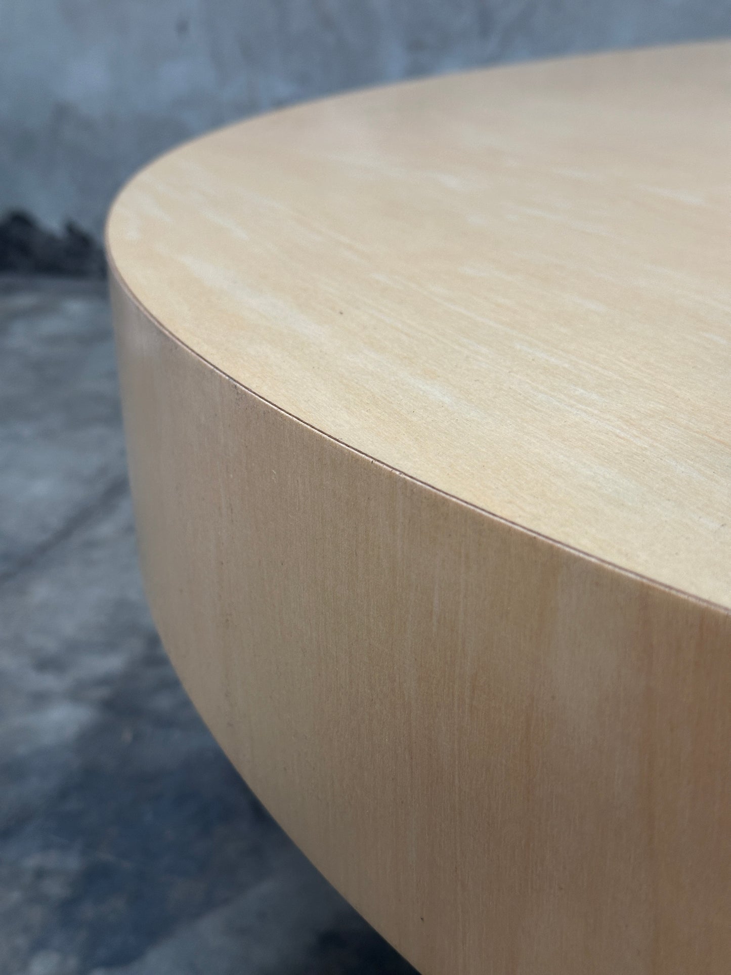 Custom 1970s-80s Round Light Wood Coffee Table, Sculpted Trestle Base, From Michael Taylor-Decorated Estate, 52 Inch