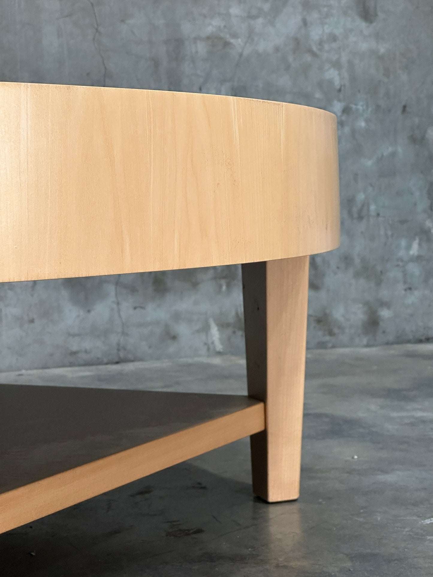 Custom 1970s-80s Round Light Wood Coffee Table, Sculpted Trestle Base, From Michael Taylor-Decorated Estate, 52 Inch