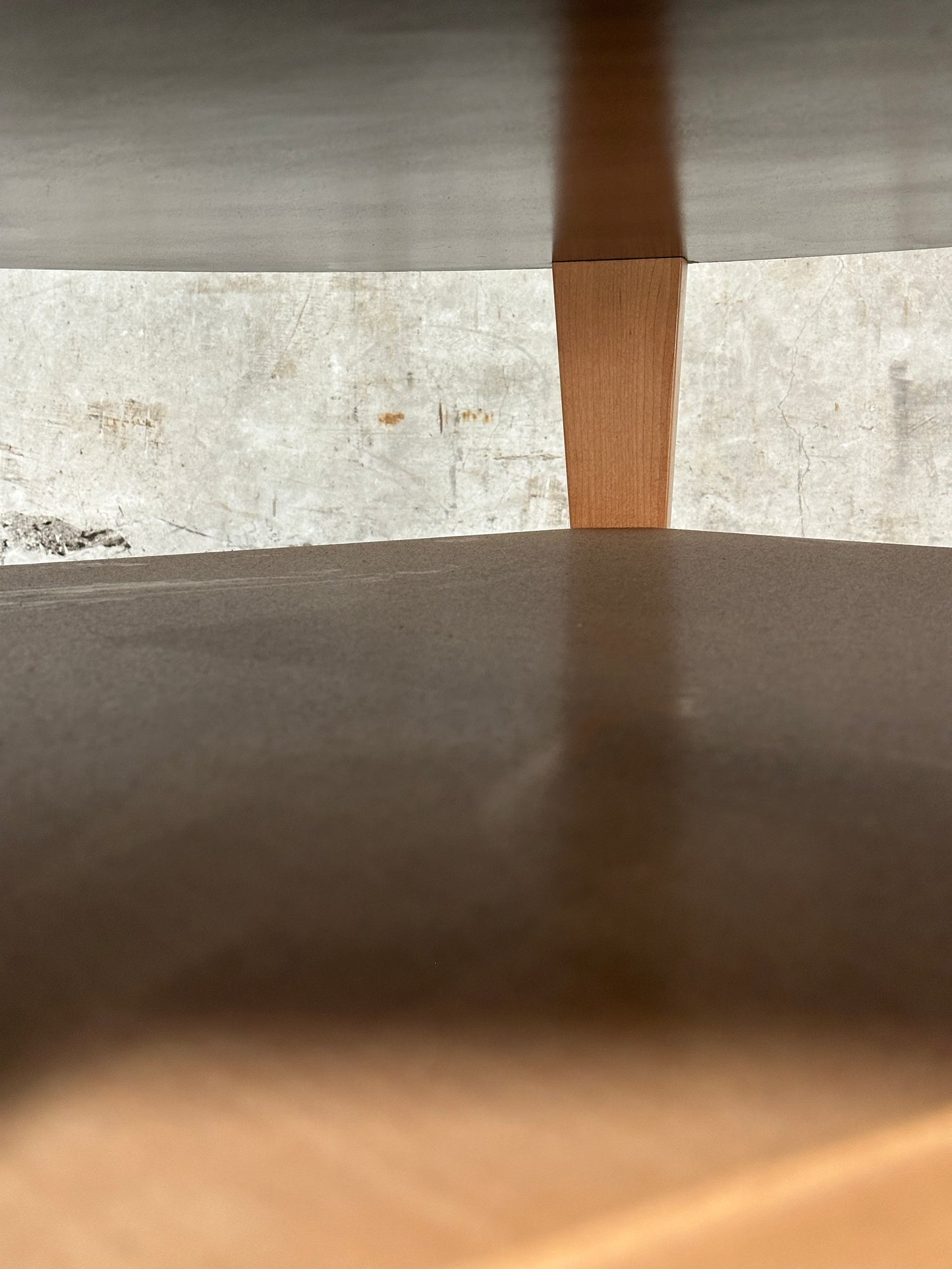 Custom 1970s-80s Round Light Wood Coffee Table, Sculpted Trestle Base, From Michael Taylor-Decorated Estate, 52 Inch