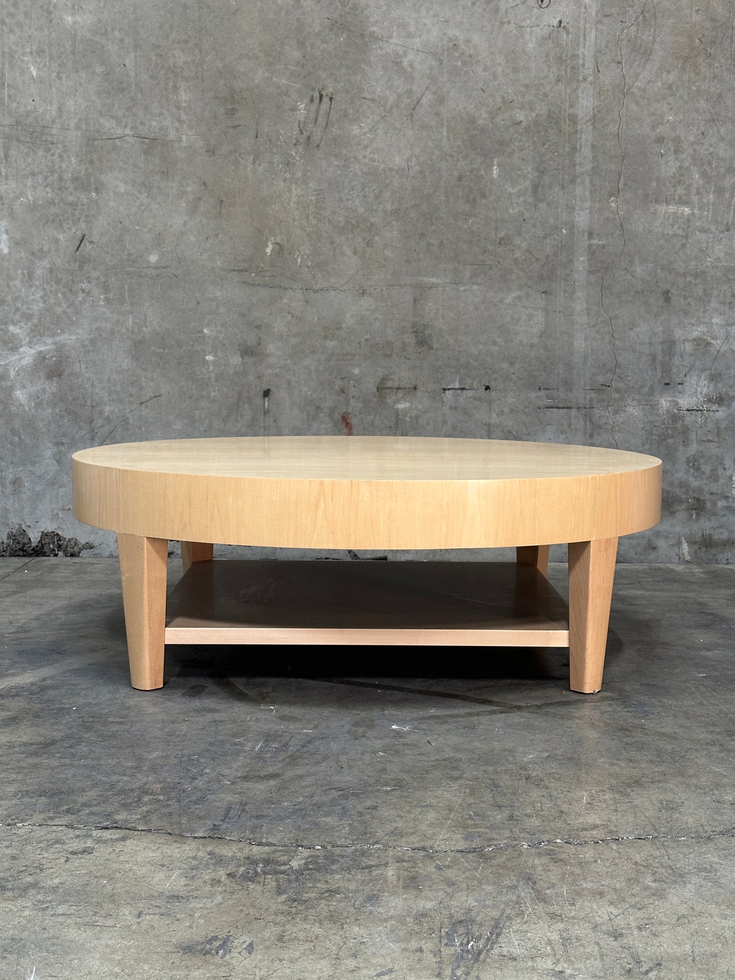 Custom 1970s-80s Round Light Wood Coffee Table, Sculpted Trestle Base, From Michael Taylor-Decorated Estate, 52 Inch