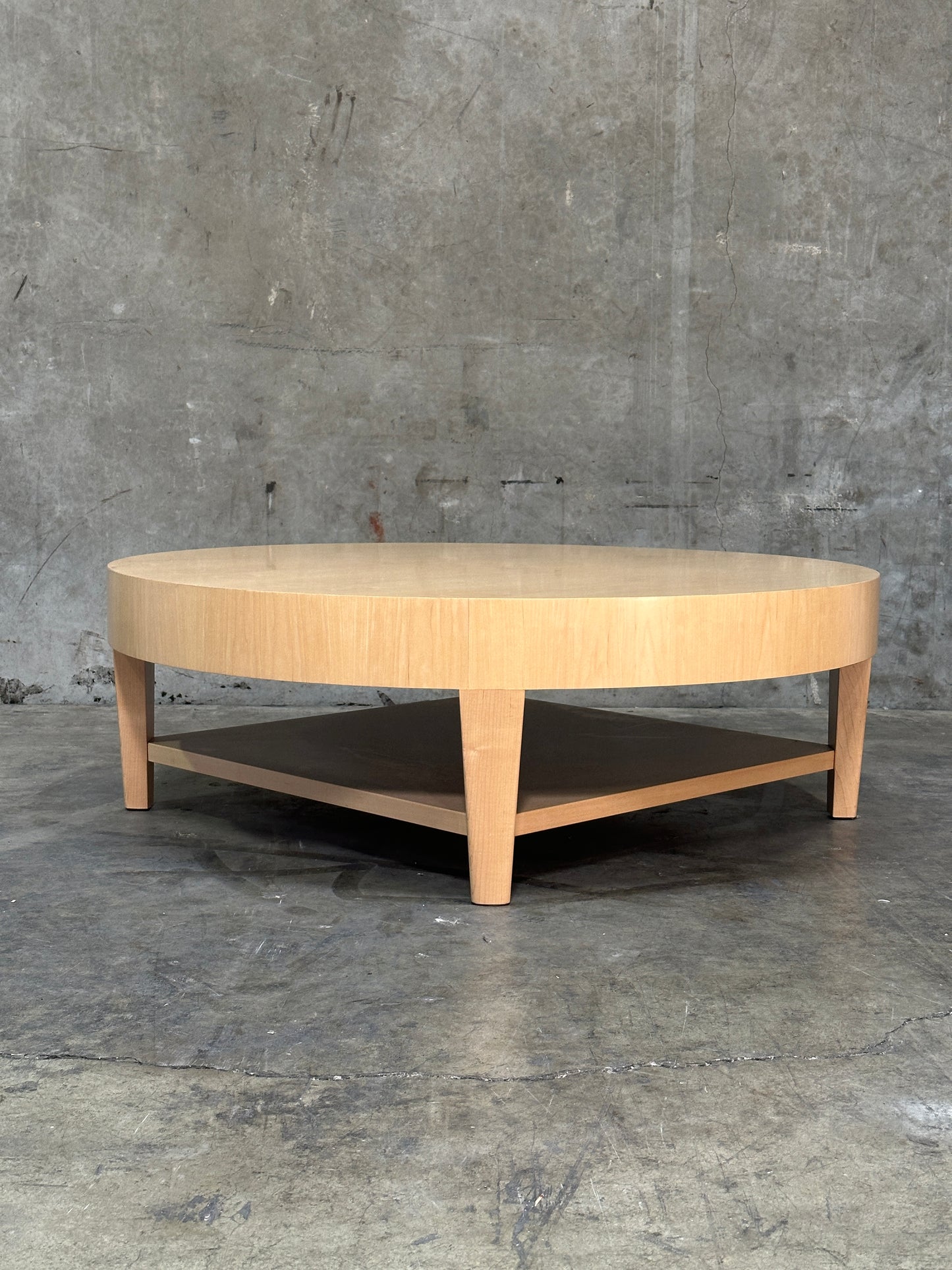 Custom 1970s-80s Round Light Wood Coffee Table, Sculpted Trestle Base, From Michael Taylor-Decorated Estate, 52 Inch