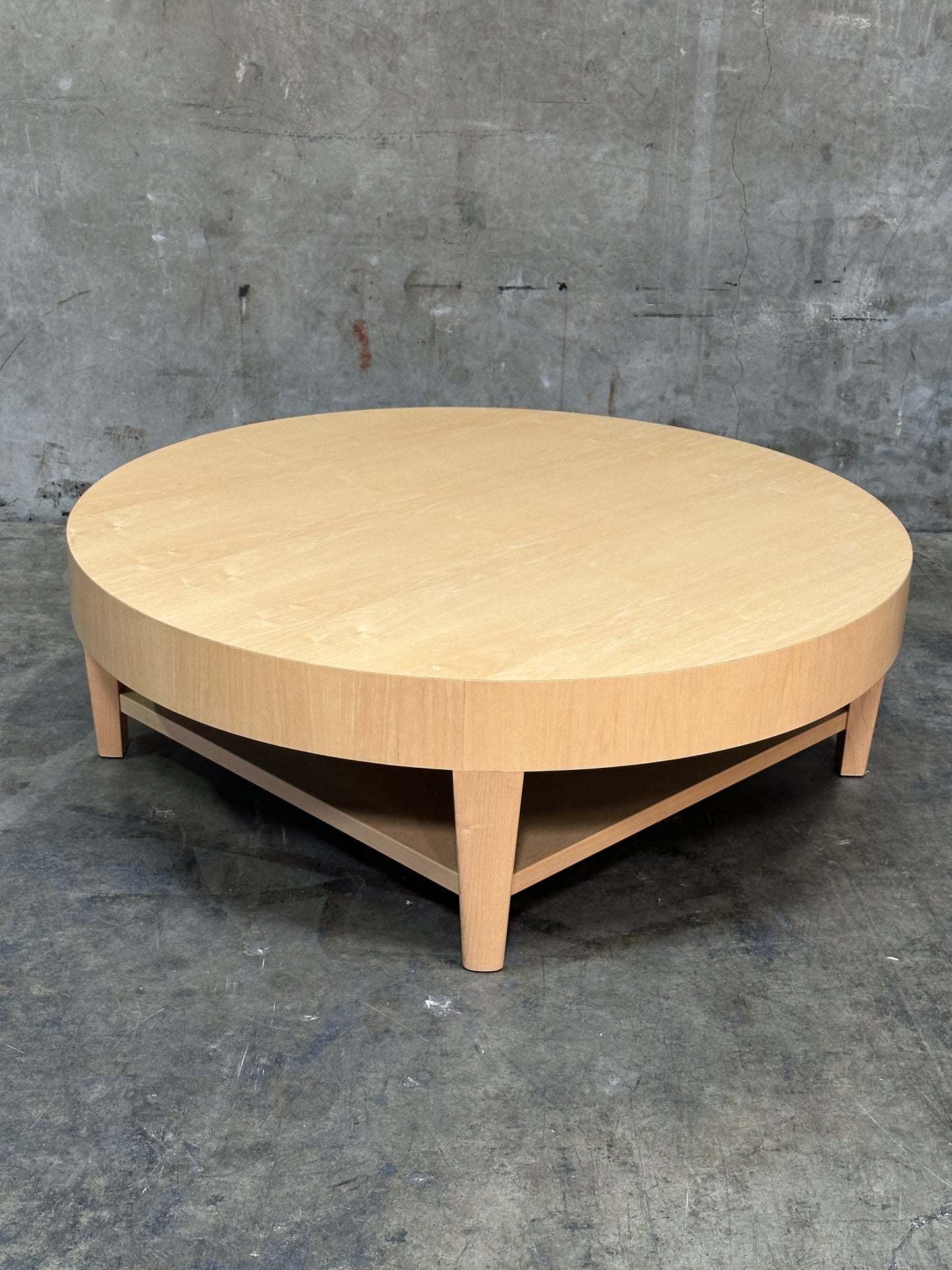 Custom 1970s-80s Round Light Wood Coffee Table, Sculpted Trestle Base, From Michael Taylor-Decorated Estate, 52 Inch