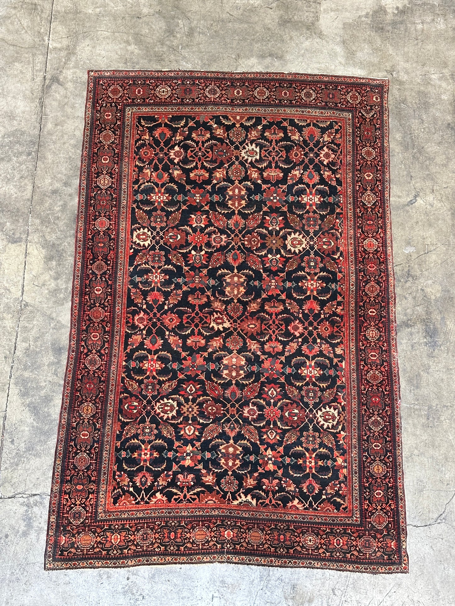 Antique Fine Persian Wool Rug, Herati Mahi Pattern, Navy Ground, Ferahan / Senneh Style, 4x6