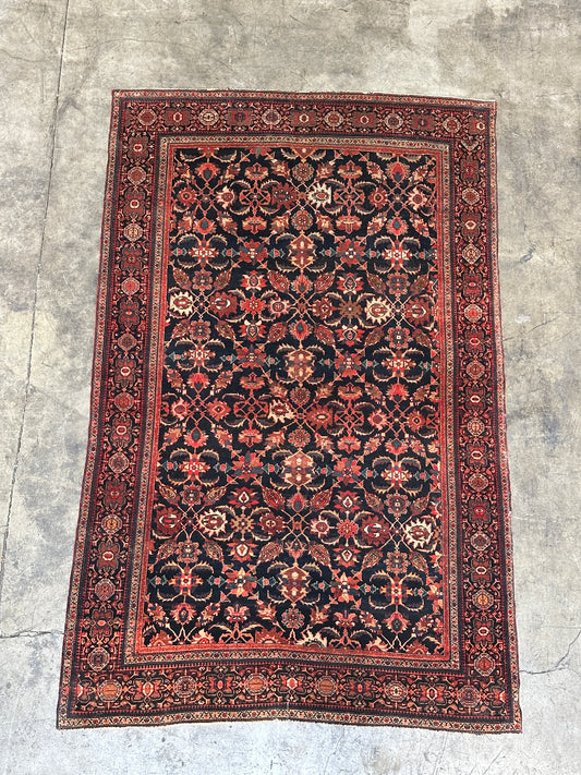 Antique Fine Persian Wool Rug, Herati Mahi Pattern, Navy Ground, Ferahan / Senneh Style, 4x6