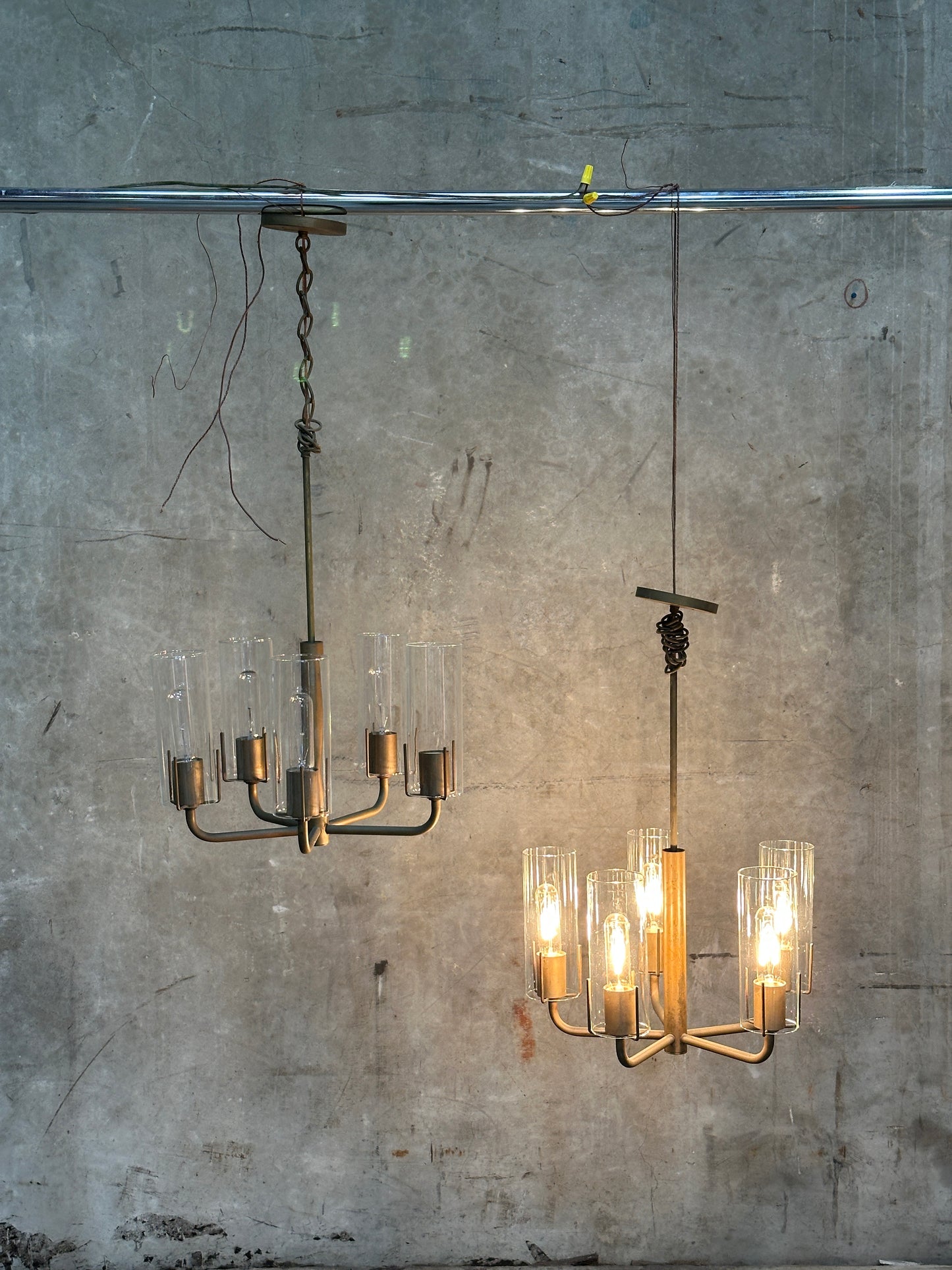 Vintage 1980s Italian-Style Brass 6-Light Pendant Chandelier, Glass Cylinder Shades, US-Listed (UL) — 1 of 2 Available, Sold Individually
