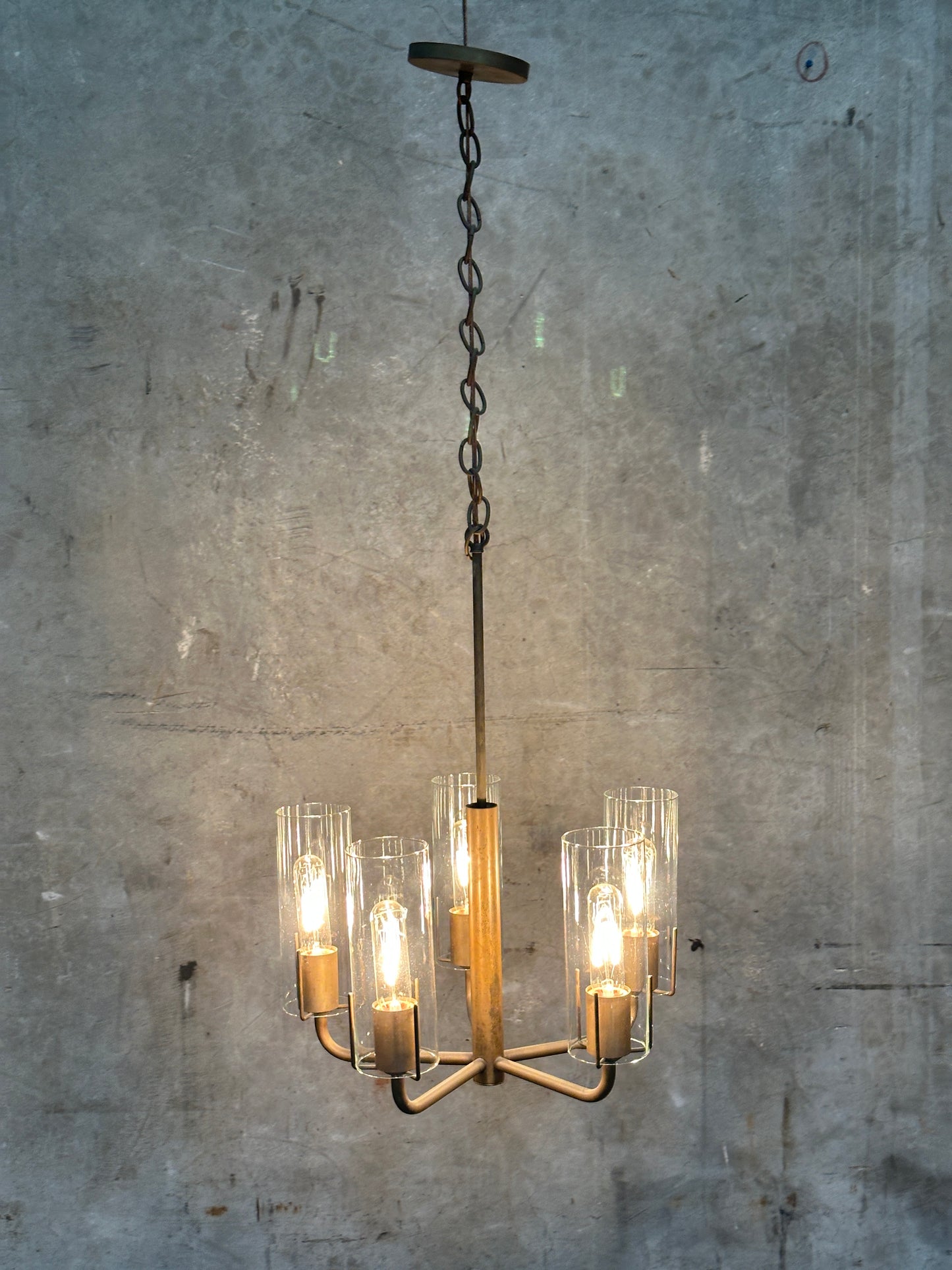Vintage 1980s Italian-Style Brass 6-Light Pendant Chandelier, Glass Cylinder Shades, US-Listed (UL) — 1 of 2 Available, Sold Individually