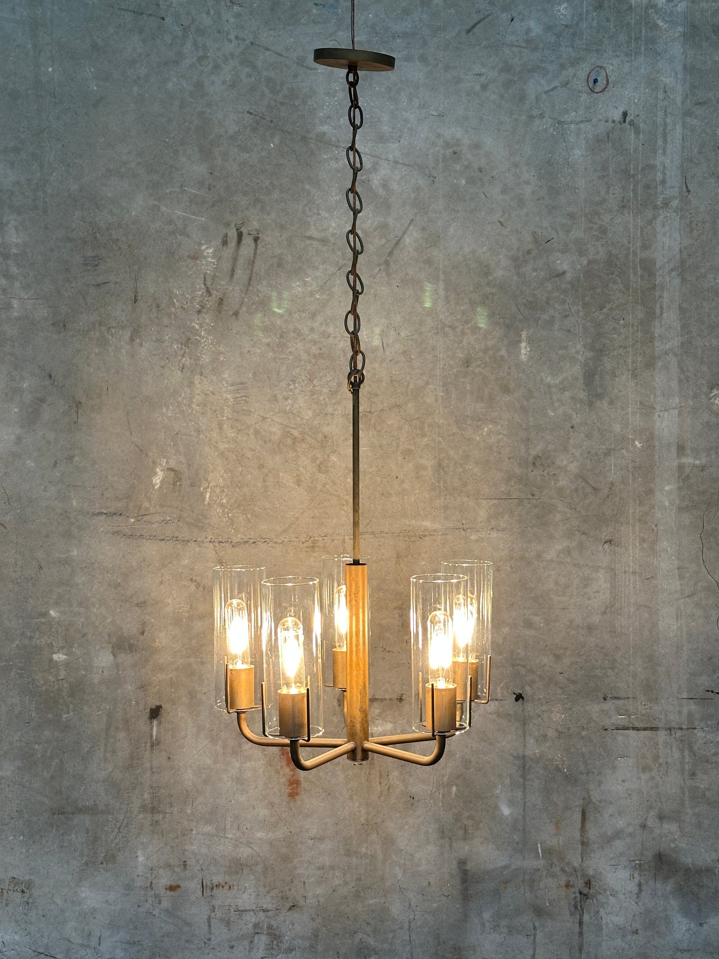 Vintage 1980s Italian-Style Brass 6-Light Pendant Chandelier, Glass Cylinder Shades, US-Listed (UL) — 1 of 2 Available, Sold Individually