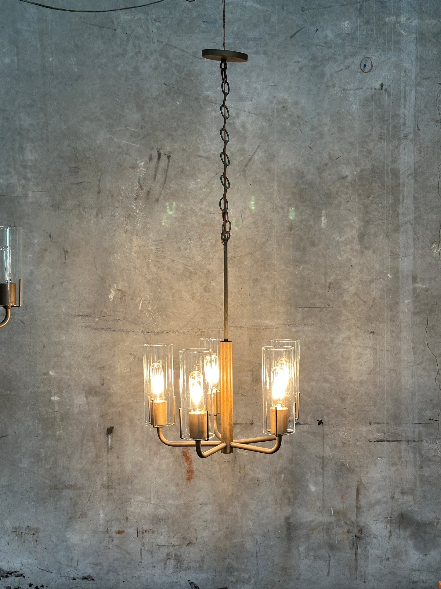 Vintage 1980s Italian-Style Brass 6-Light Pendant Chandelier, Glass Cylinder Shades, US-Listed (UL) — 1 of 2 Available, Sold Individually