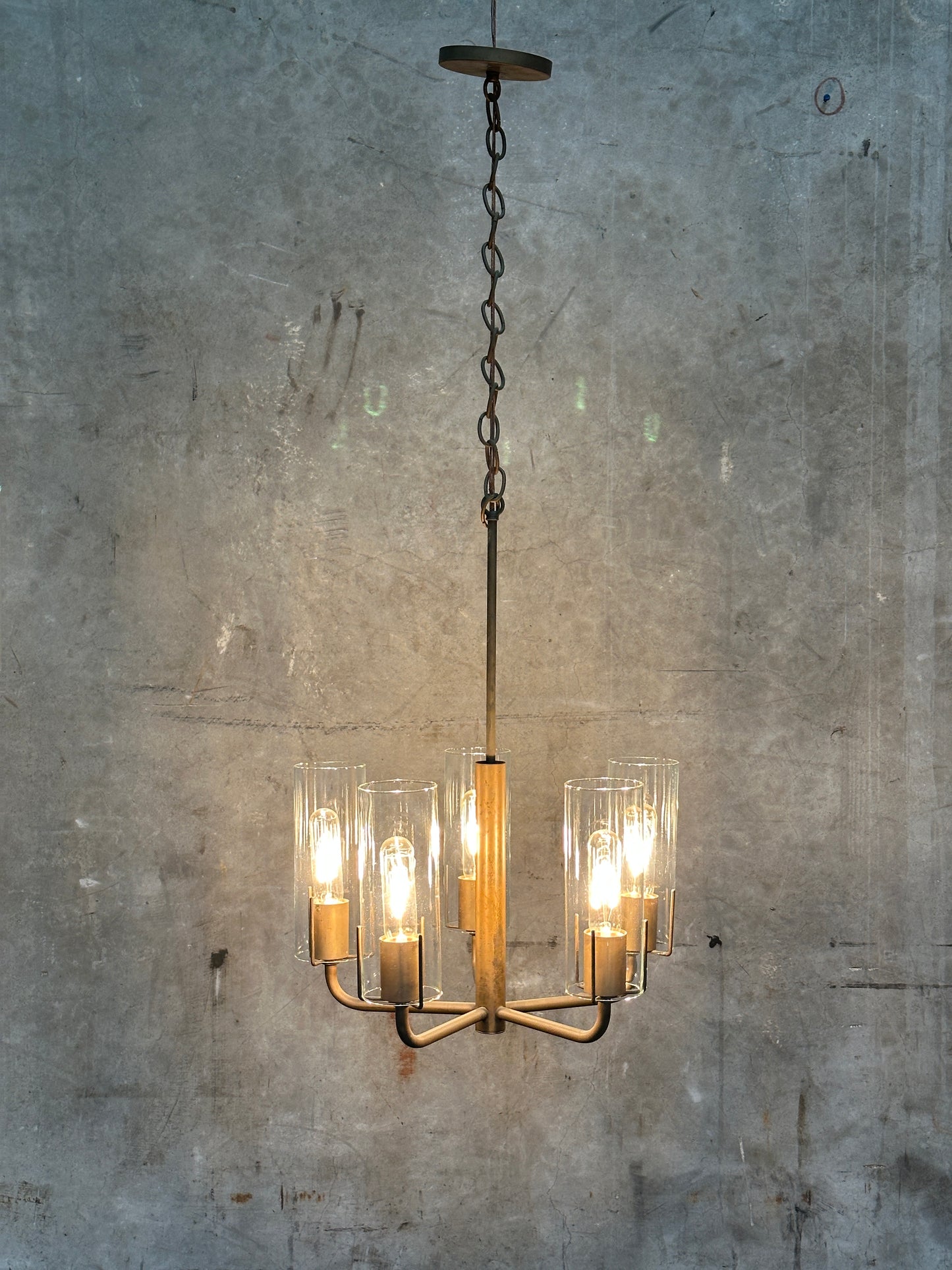 Vintage 1980s Italian-Style Brass 6-Light Pendant Chandelier, Glass Cylinder Shades, US-Listed (UL) — 1 of 2 Available, Sold Individually