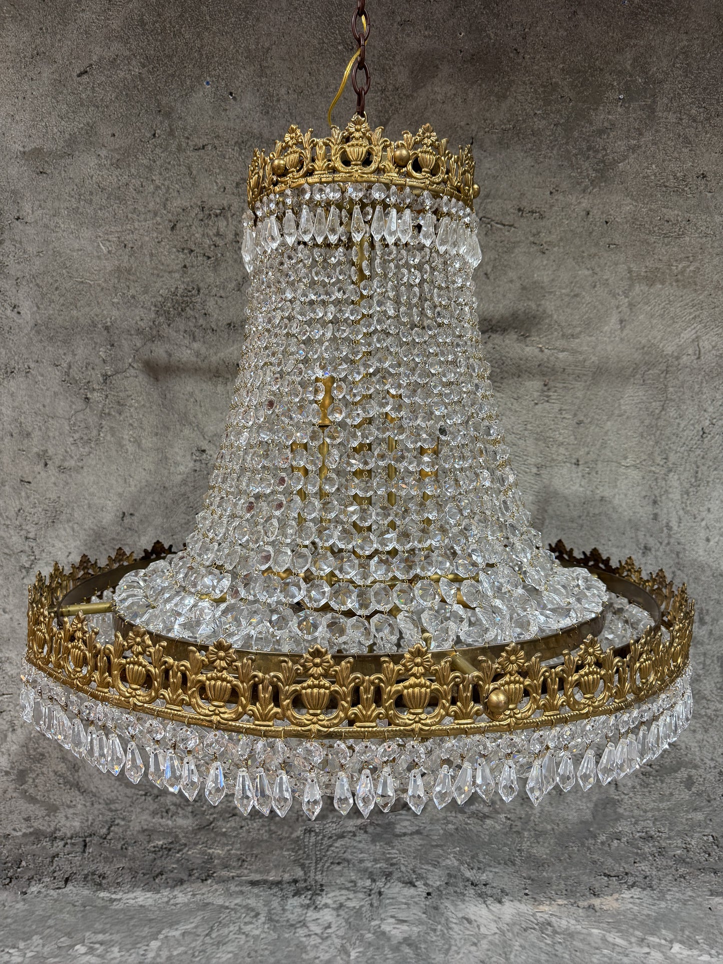 Early 20th Century Brass & Crystal Empire Basket Chandelier – 30” Wide Antique Regency Fixture