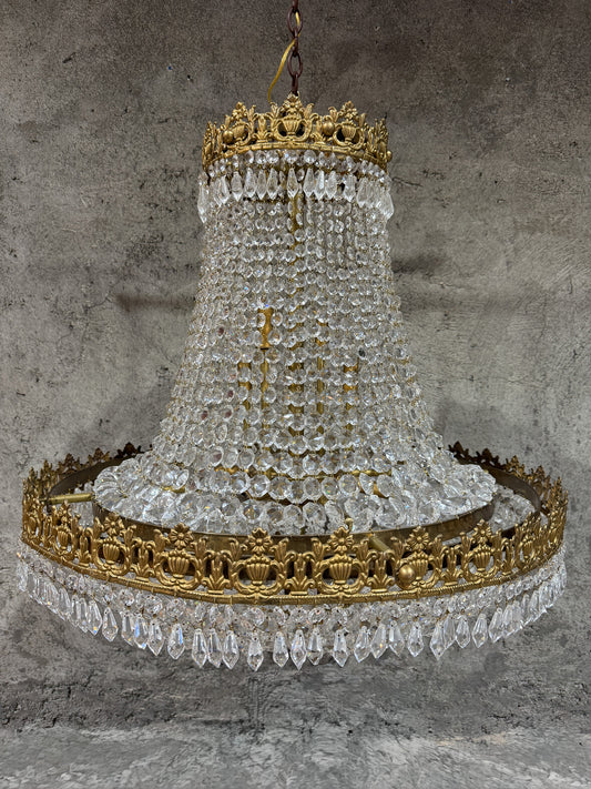 Early 20th Century Brass & Crystal Empire Basket Chandelier – 30” Wide Antique Regency Fixture
