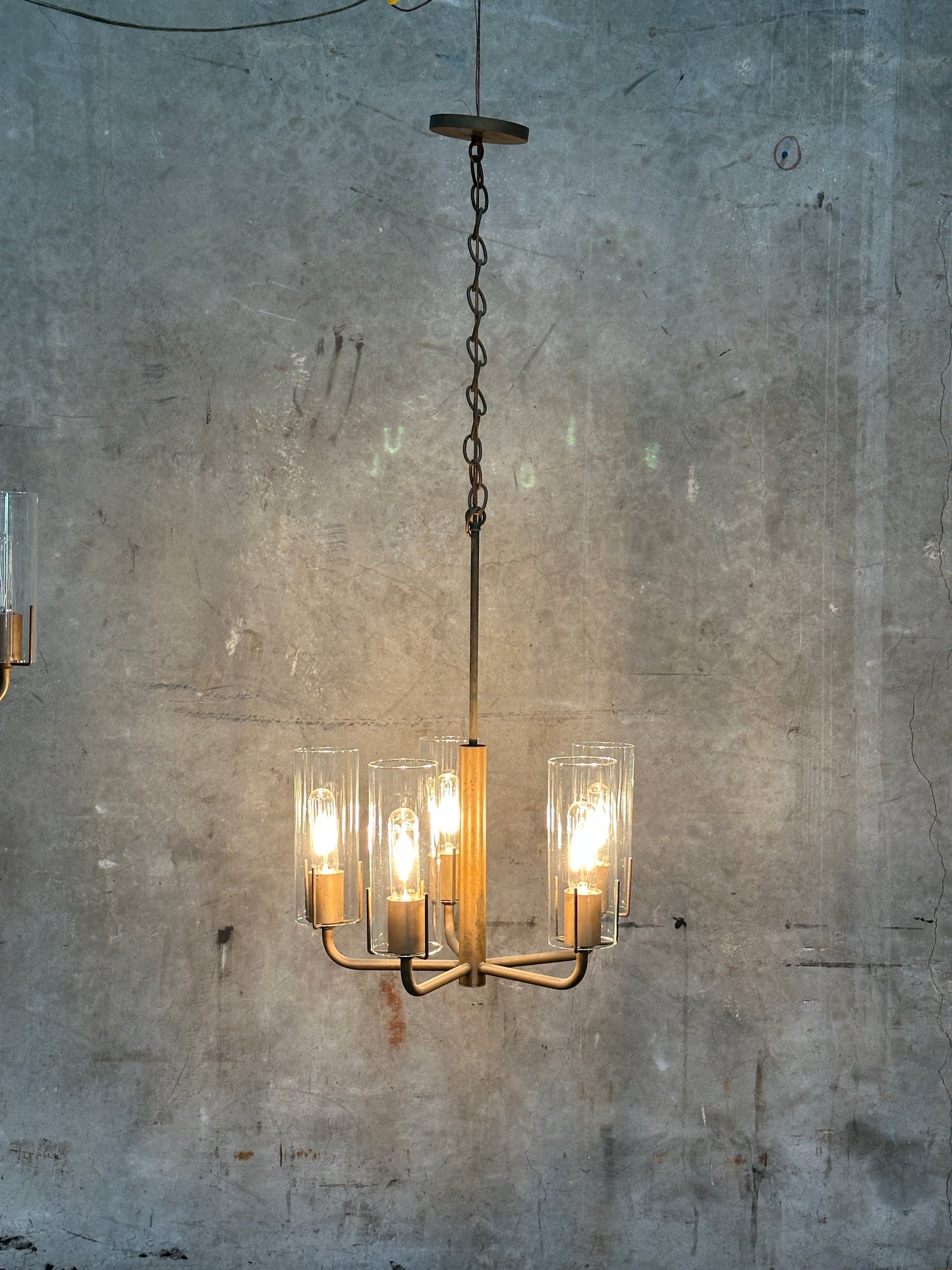 Vintage 1980s Italian-Style Brass 6-Light Pendant Chandelier, Glass Cylinder Shades, US-Listed (UL) — 1 of 2 Available, Sold Individually