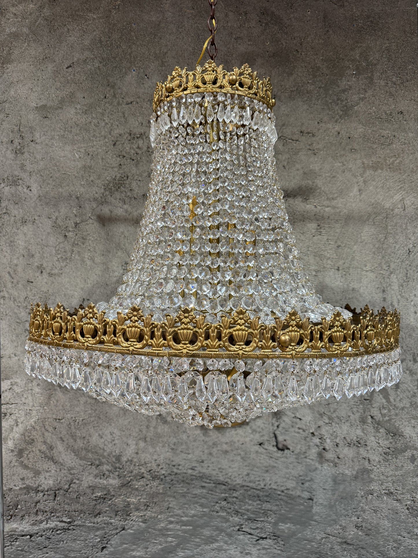 Early 20th Century Brass & Crystal Empire Basket Chandelier – 30” Wide Antique Regency Fixture