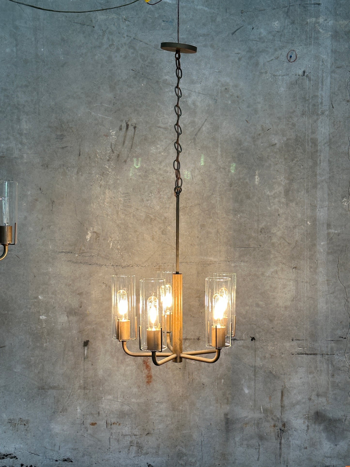 Vintage 1980s Italian-Style Brass 6-Light Pendant Chandelier, Glass Cylinder Shades, US-Listed (UL) — 1 of 2 Available, Sold Individually