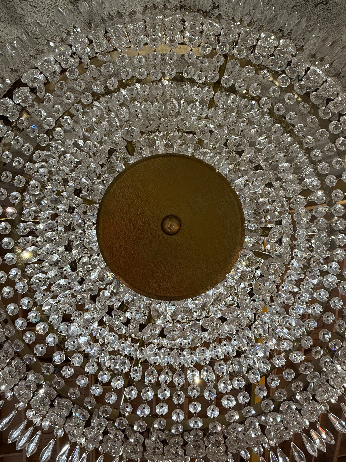 Early 20th Century Brass & Crystal Empire Basket Chandelier – 30” Wide Antique Regency Fixture