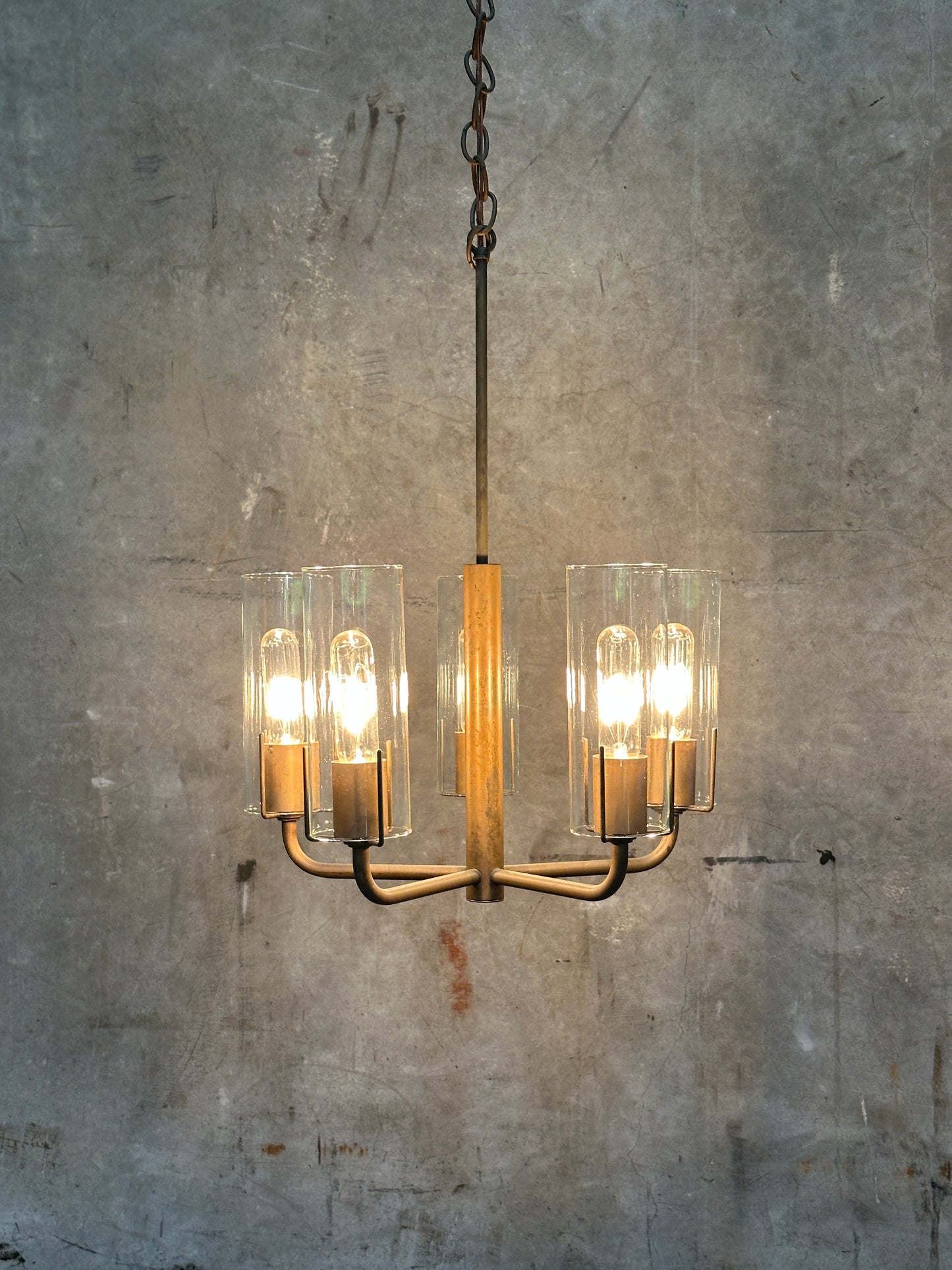 Vintage 1980s Italian-Style Brass 6-Light Pendant Chandelier, Glass Cylinder Shades, US-Listed (UL) — 1 of 2 Available, Sold Individually
