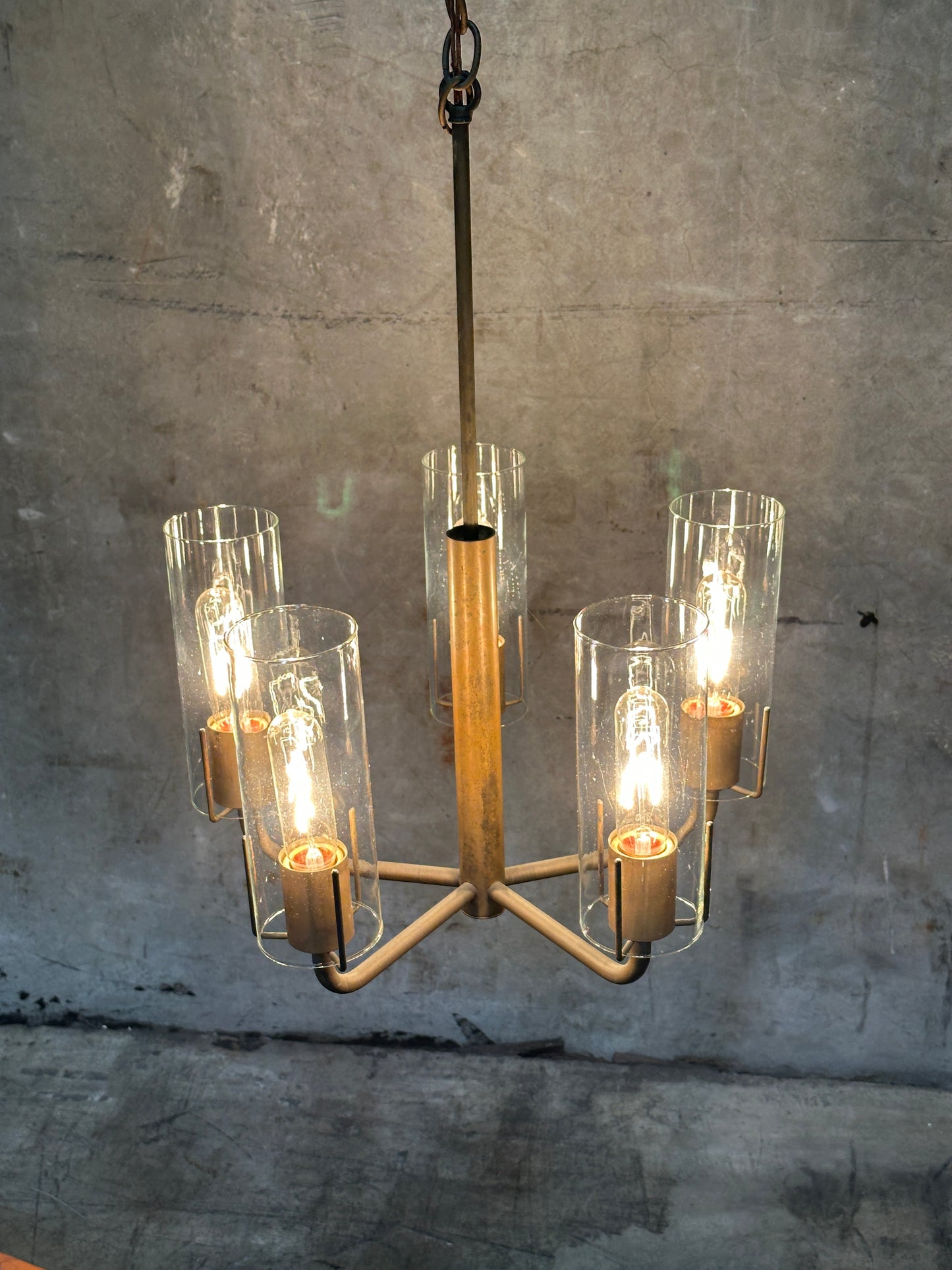Vintage 1980s Italian-Style Brass 6-Light Pendant Chandelier, Glass Cylinder Shades, US-Listed (UL) — 1 of 2 Available, Sold Individually