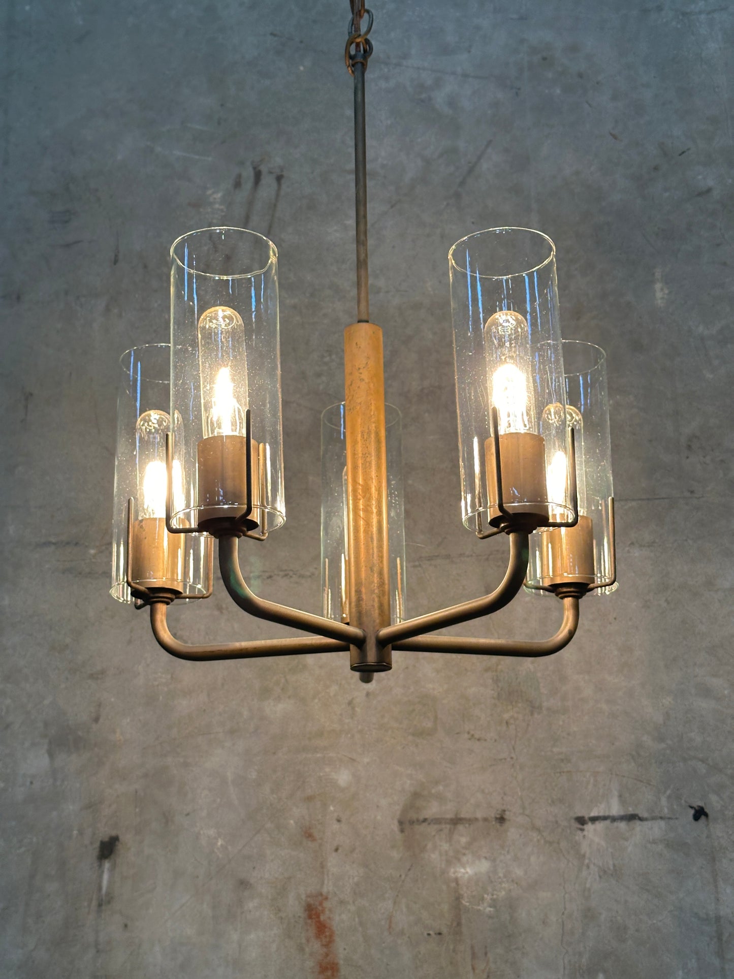 Vintage 1980s Italian-Style Brass 6-Light Pendant Chandelier, Glass Cylinder Shades, US-Listed (UL) — 1 of 2 Available, Sold Individually
