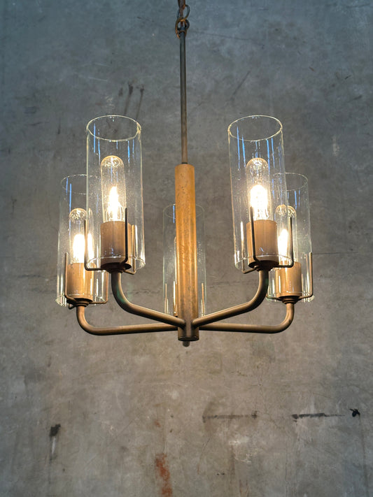Vintage 1980s Italian-Style Brass 6-Light Pendant Chandelier, Glass Cylinder Shades, US-Listed (UL) — 1 of 2 Available, Sold Individually