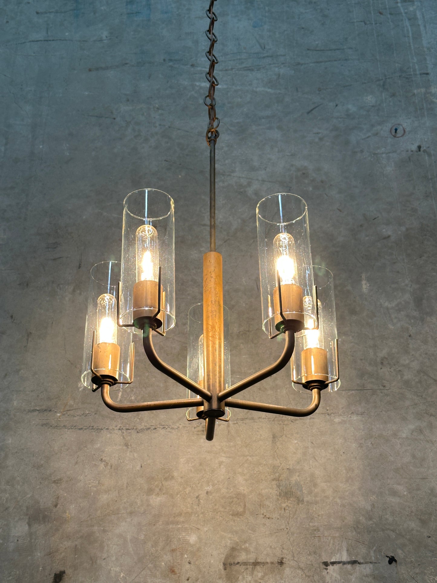 Vintage 1980s Italian-Style Brass 6-Light Pendant Chandelier, Glass Cylinder Shades, US-Listed (UL) — 1 of 2 Available, Sold Individually