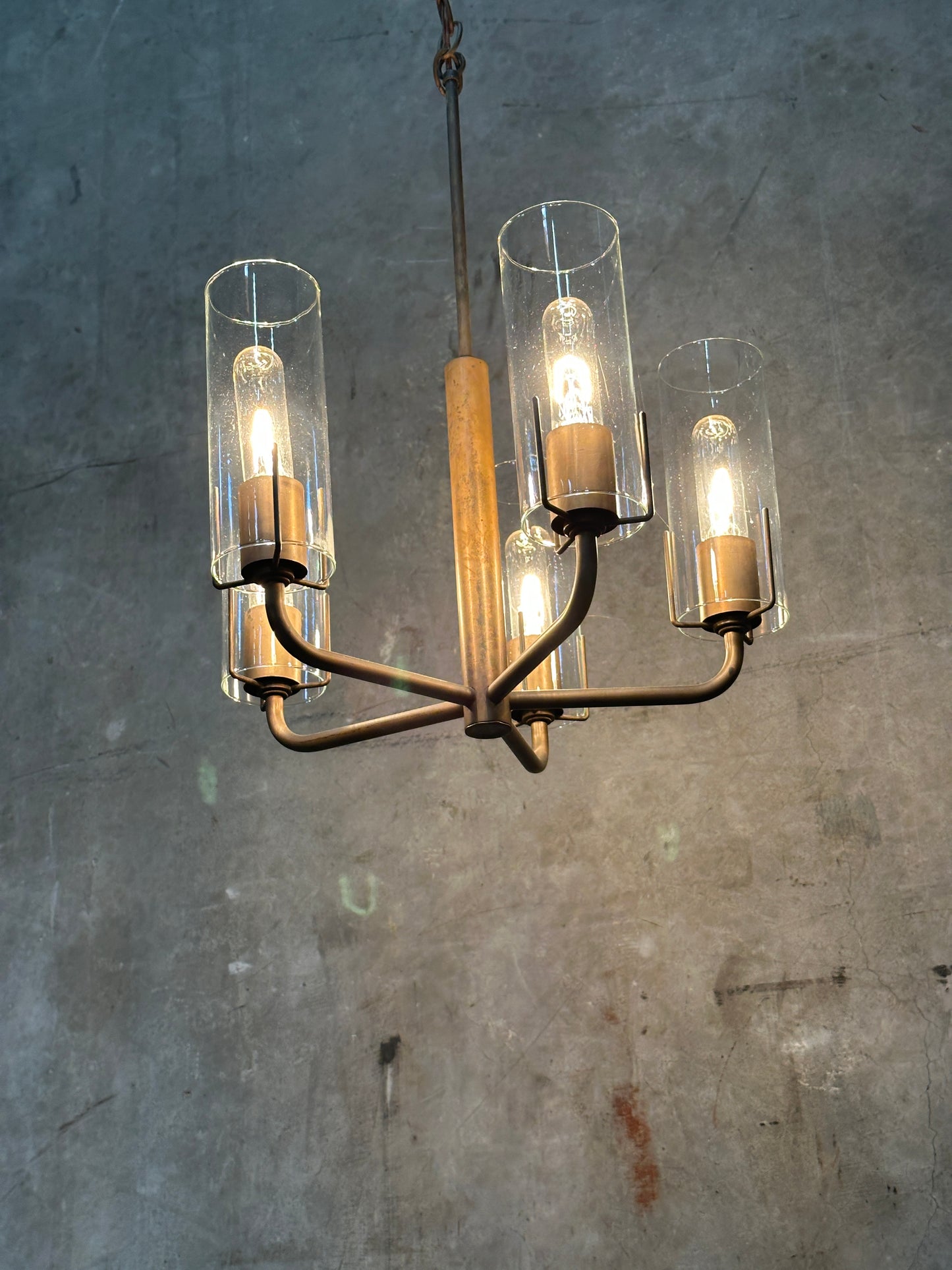 Vintage 1980s Italian-Style Brass 6-Light Pendant Chandelier, Glass Cylinder Shades, US-Listed (UL) — 1 of 2 Available, Sold Individually
