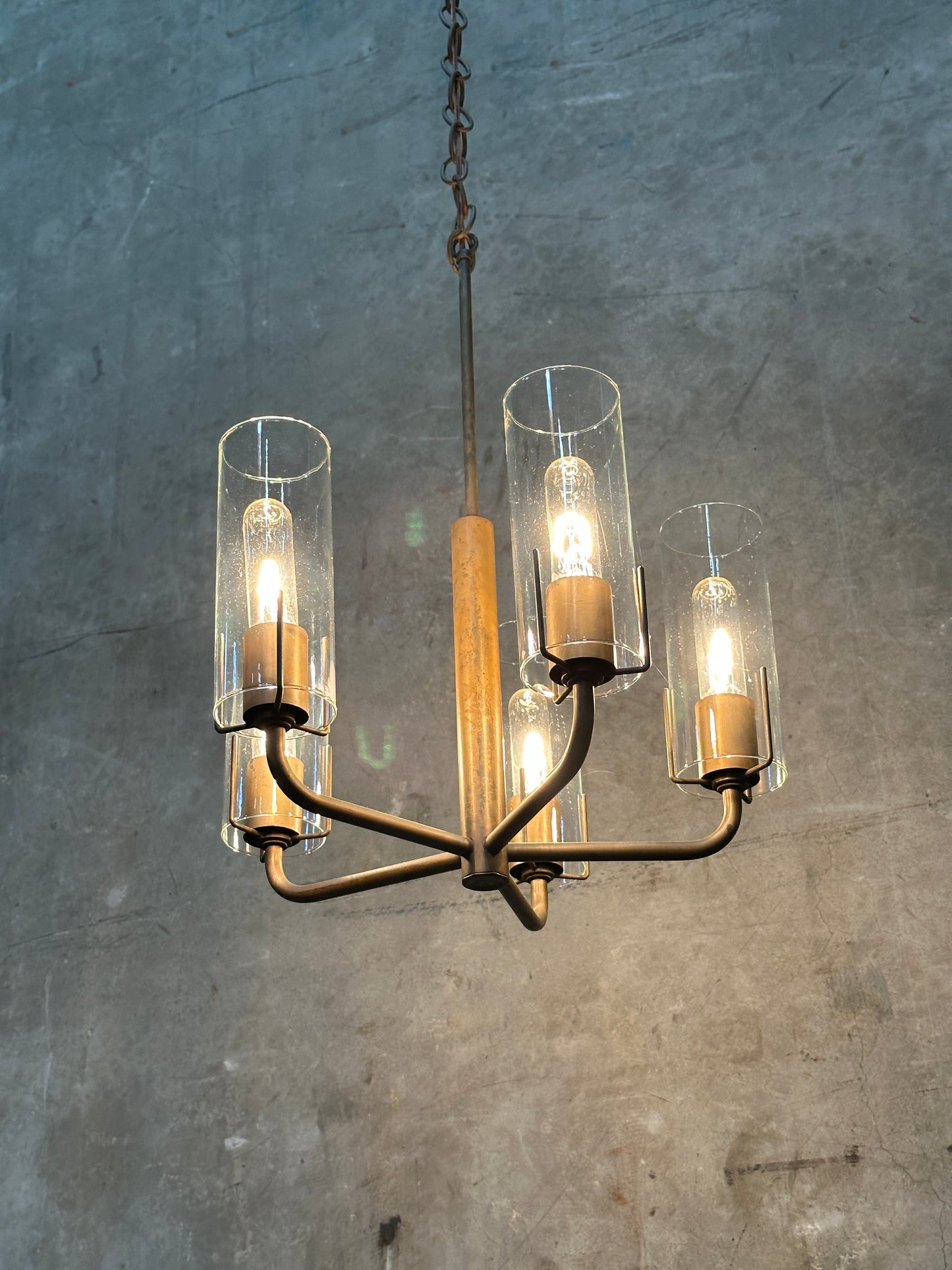 Vintage 1980s Italian-Style Brass 6-Light Pendant Chandelier, Glass Cylinder Shades, US-Listed (UL) — 1 of 2 Available, Sold Individually