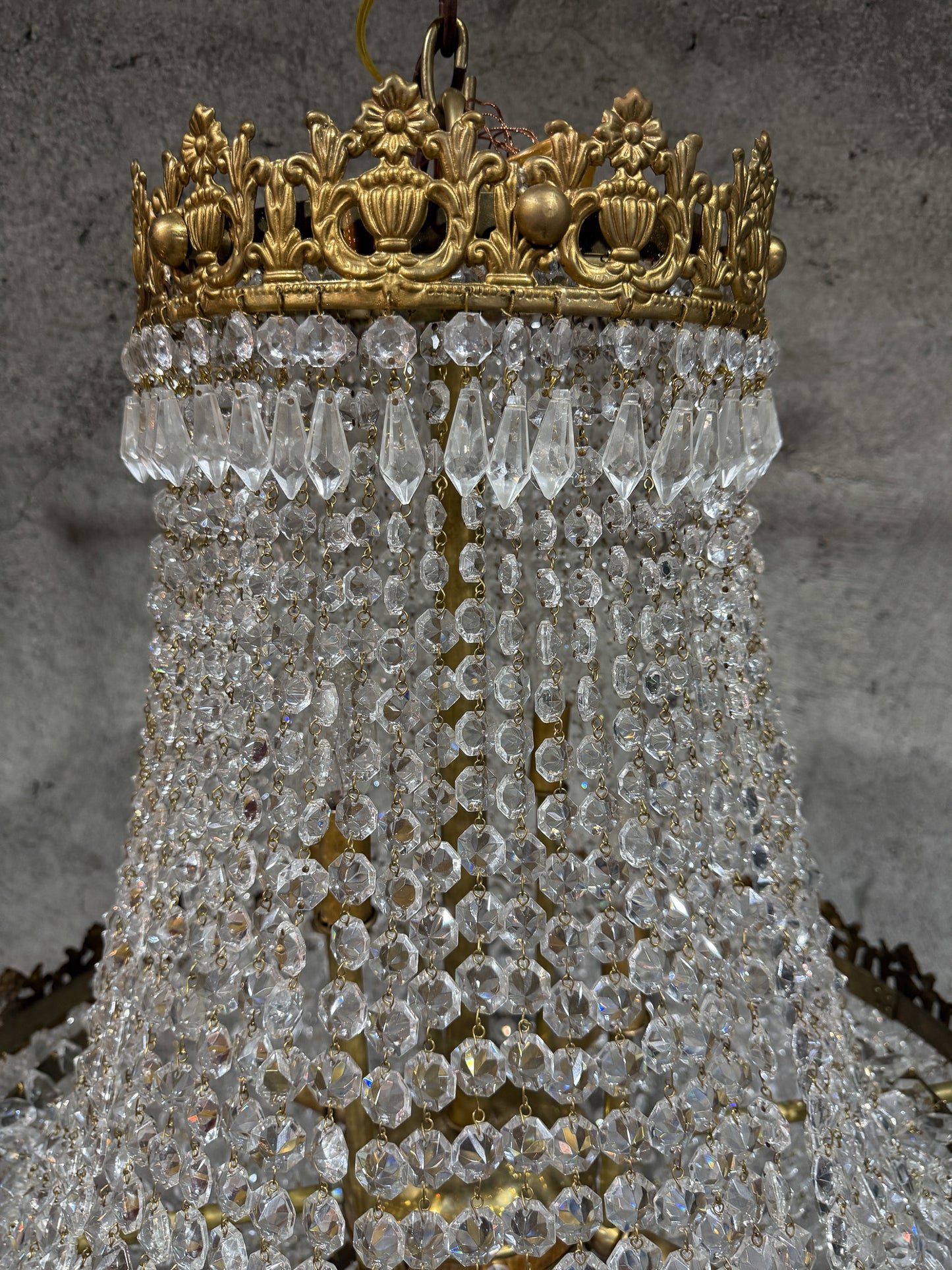 Early 20th Century Brass & Crystal Empire Basket Chandelier – 30” Wide Antique Regency Fixture