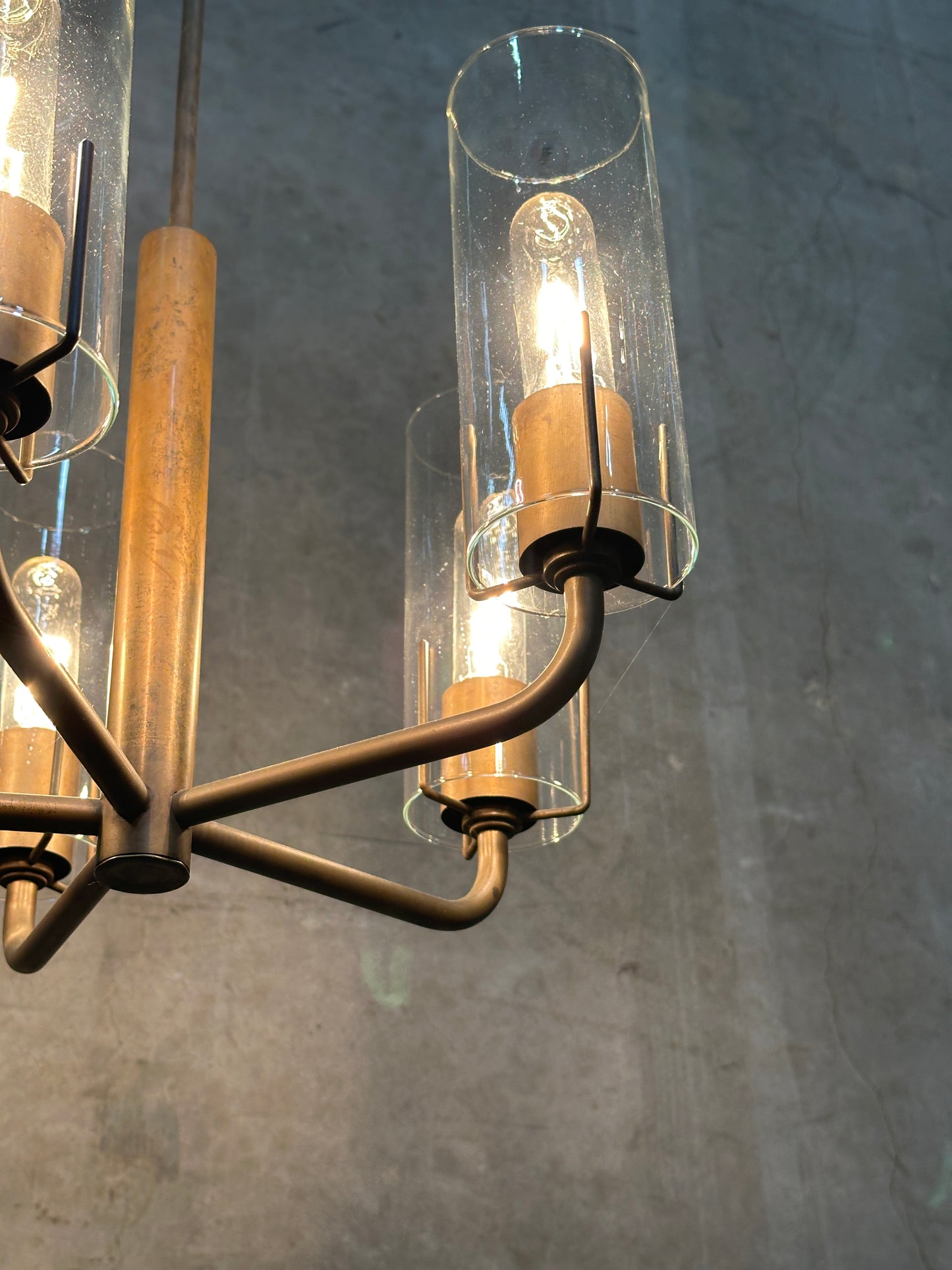 Vintage 1980s Italian-Style Brass 6-Light Pendant Chandelier, Glass Cylinder Shades, US-Listed (UL) — 1 of 2 Available, Sold Individually