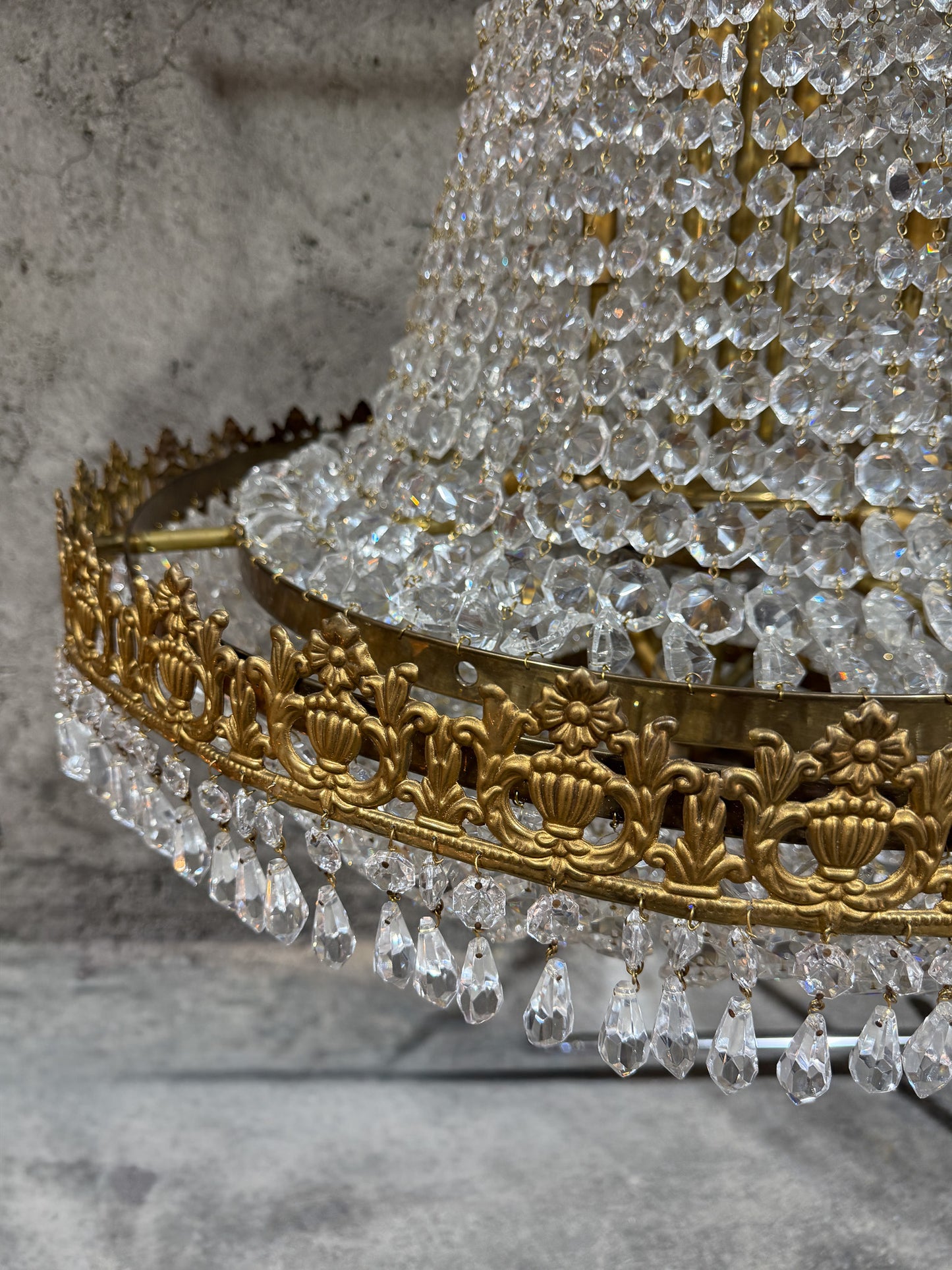 Early 20th Century Brass & Crystal Empire Basket Chandelier – 30” Wide Antique Regency Fixture