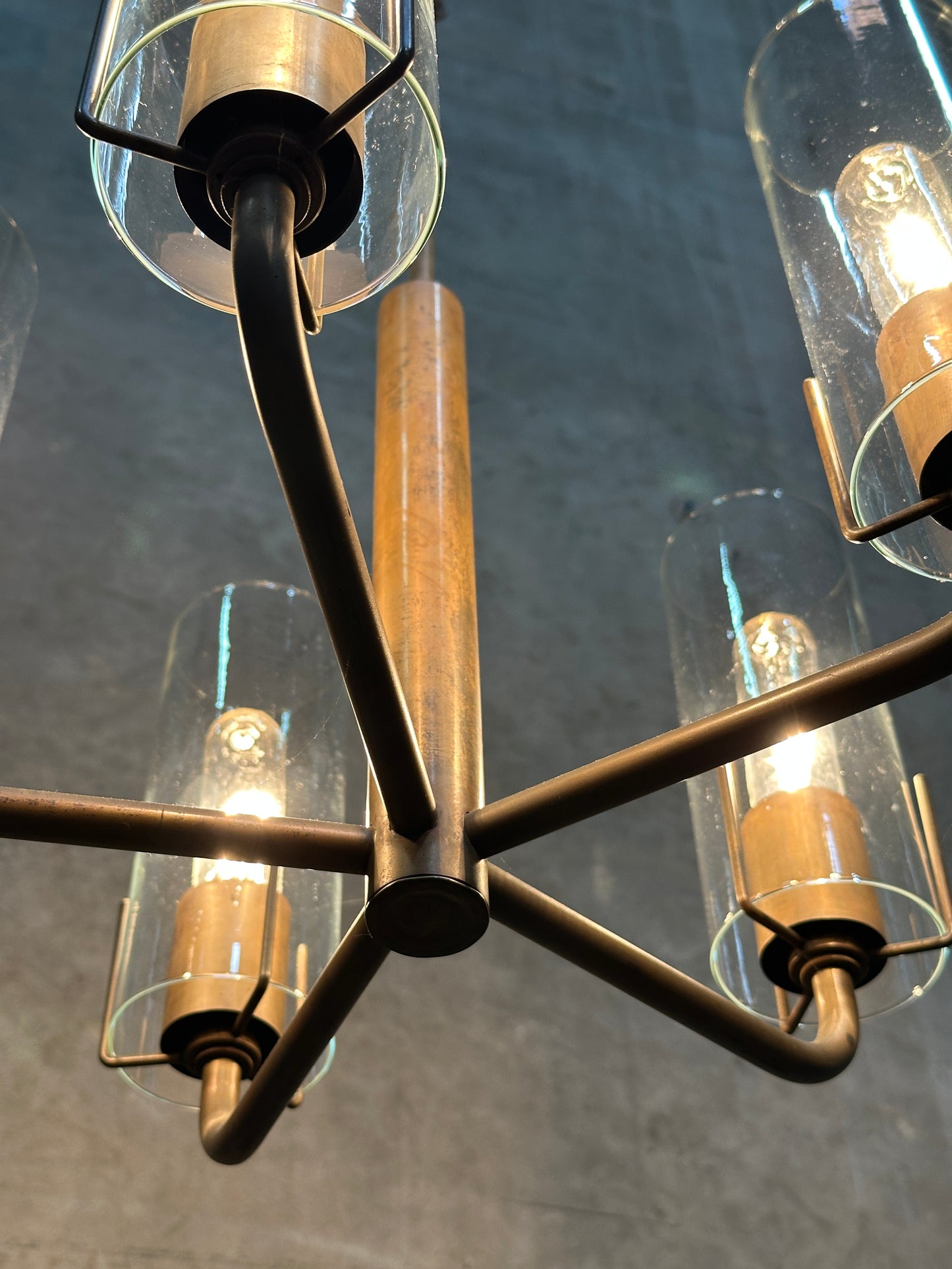 Vintage 1980s Italian-Style Brass 6-Light Pendant Chandelier, Glass Cylinder Shades, US-Listed (UL) — 1 of 2 Available, Sold Individually