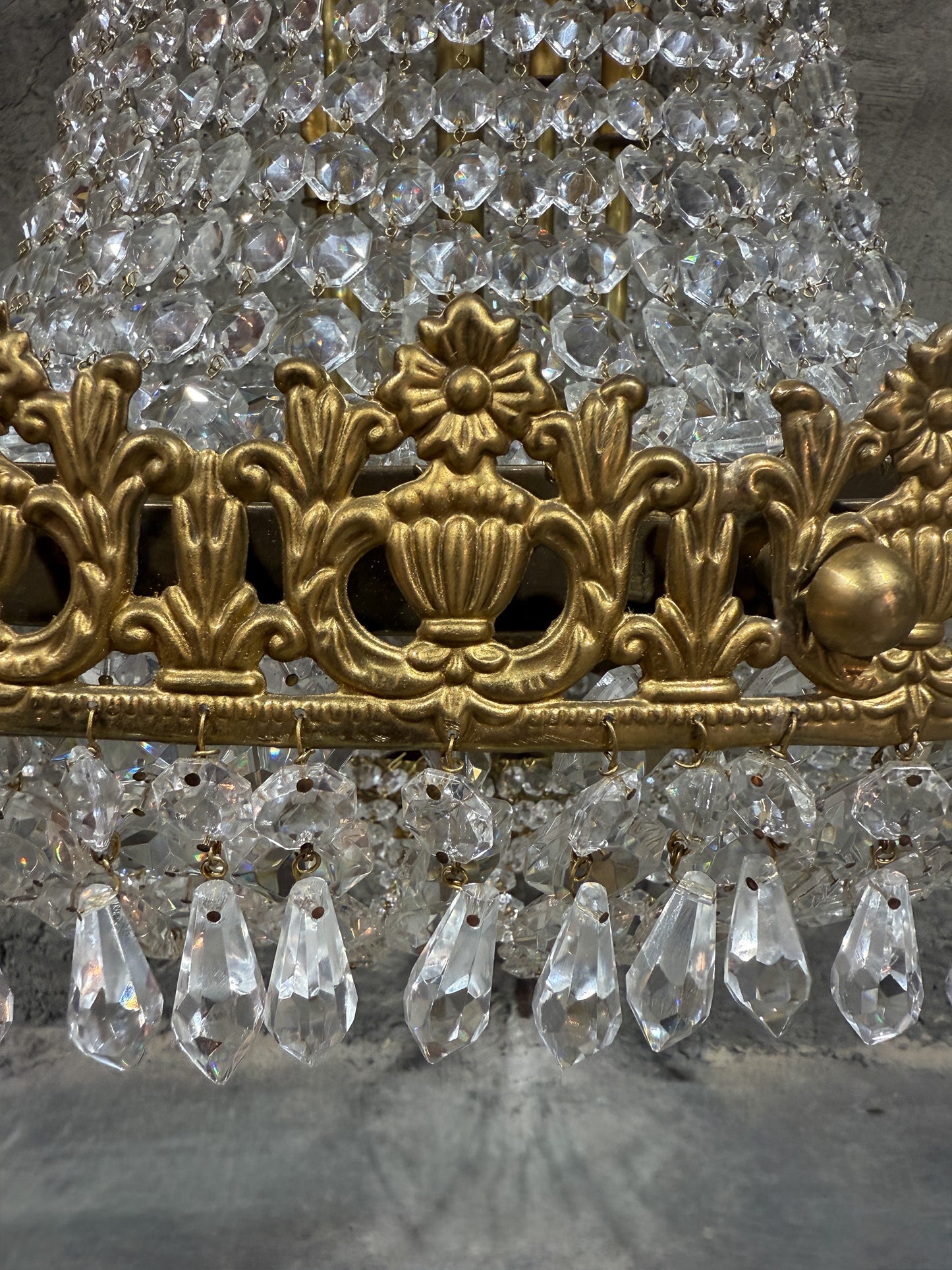 Early 20th Century Brass & Crystal Empire Basket Chandelier – 30” Wide Antique Regency Fixture
