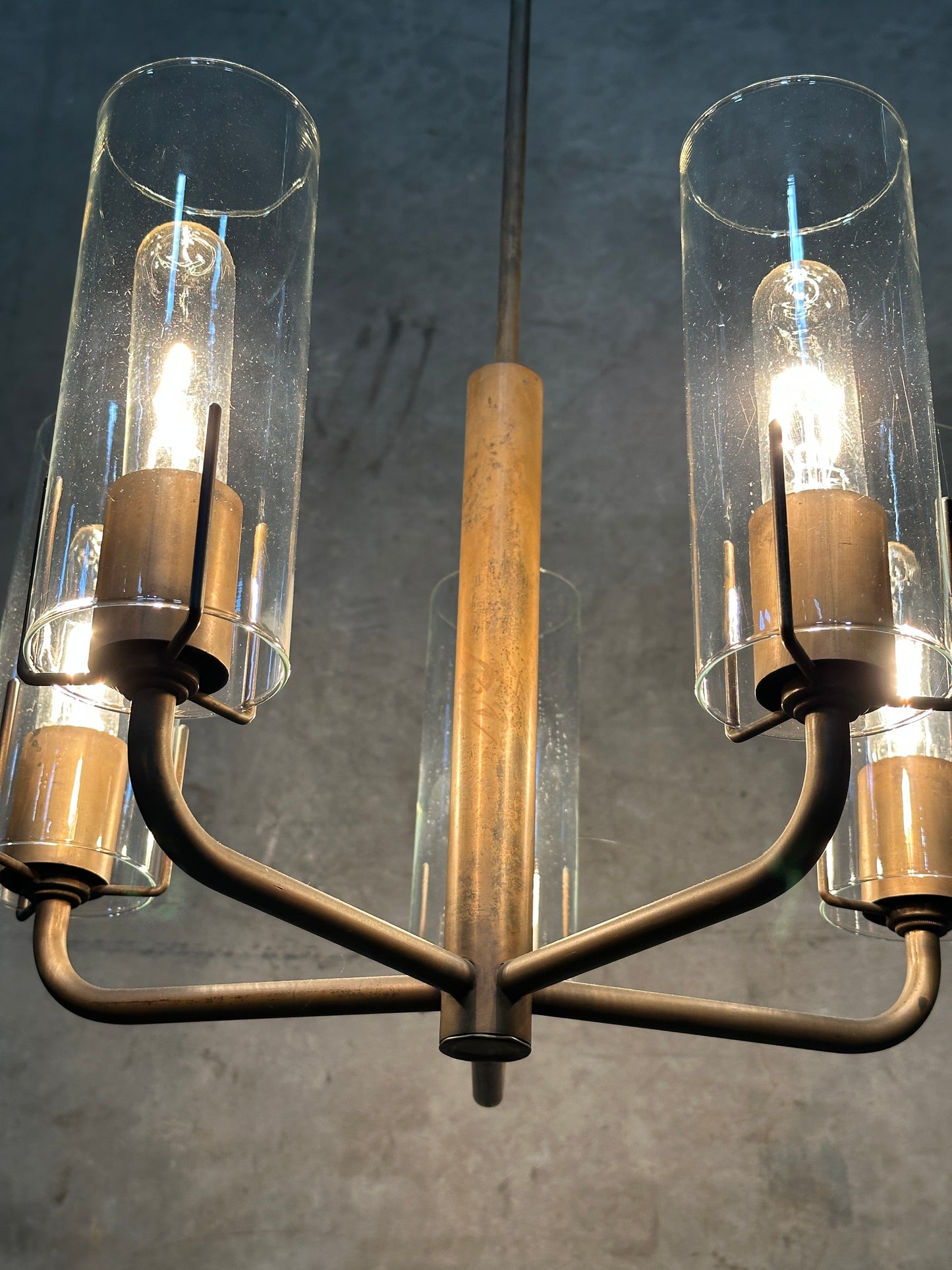 Vintage 1980s Italian-Style Brass 6-Light Pendant Chandelier, Glass Cylinder Shades, US-Listed (UL) — 1 of 2 Available, Sold Individually