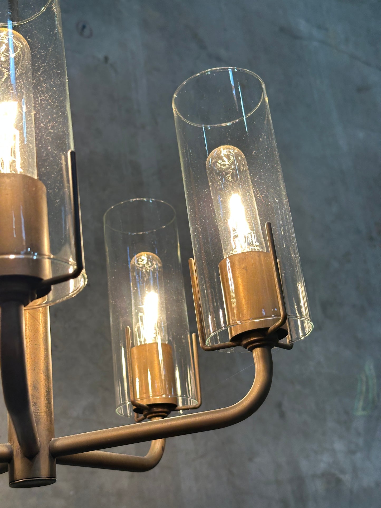 Vintage 1980s Italian-Style Brass 6-Light Pendant Chandelier, Glass Cylinder Shades, US-Listed (UL) — 1 of 2 Available, Sold Individually