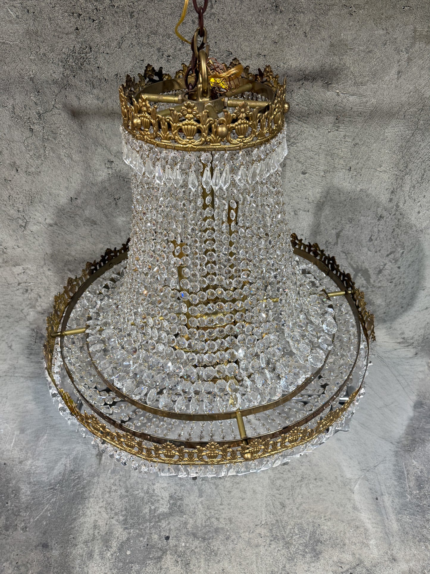 Early 20th Century Brass & Crystal Empire Basket Chandelier – 30” Wide Antique Regency Fixture