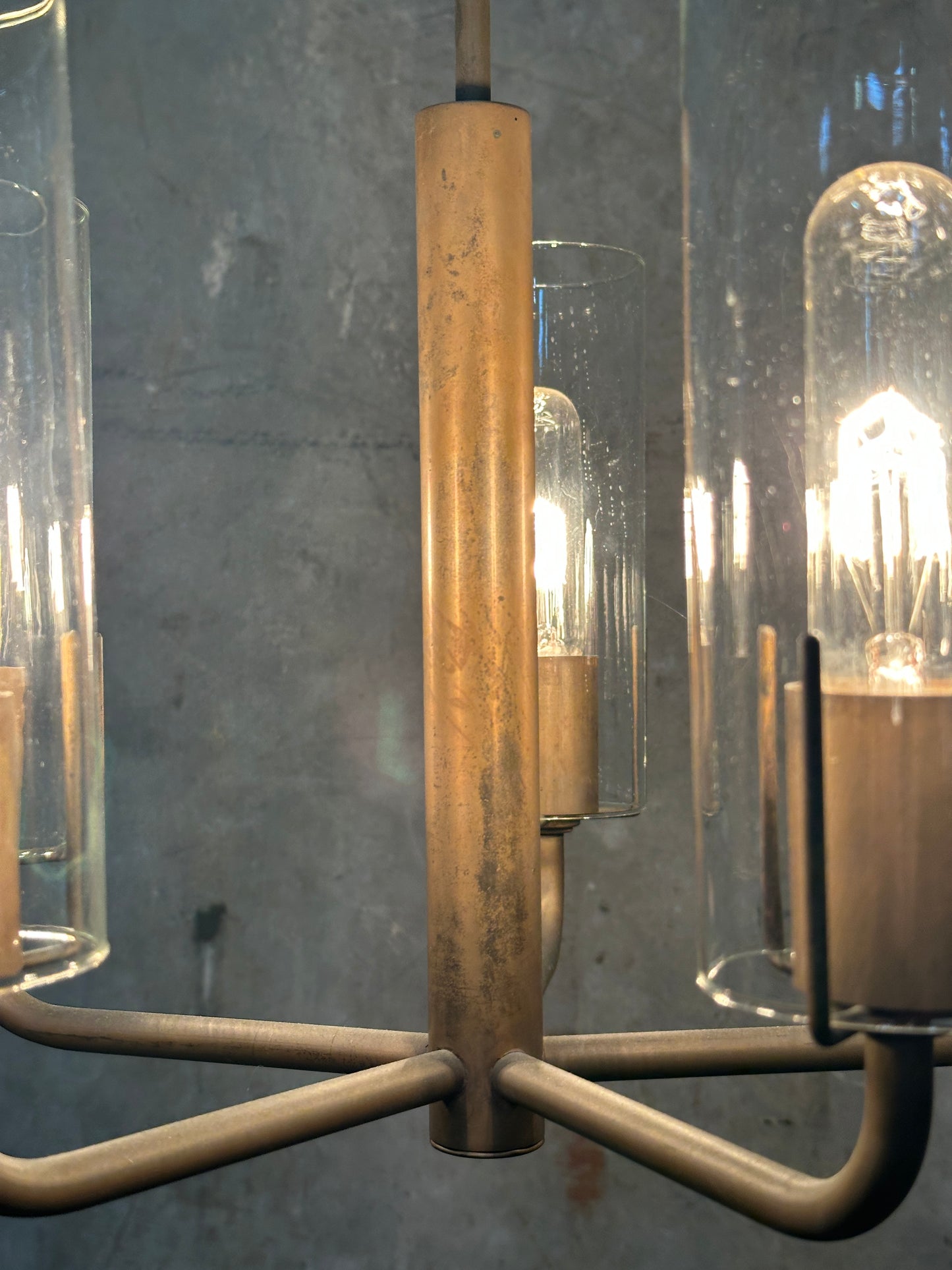 Vintage 1980s Italian-Style Brass 6-Light Pendant Chandelier, Glass Cylinder Shades, US-Listed (UL) — 1 of 2 Available, Sold Individually