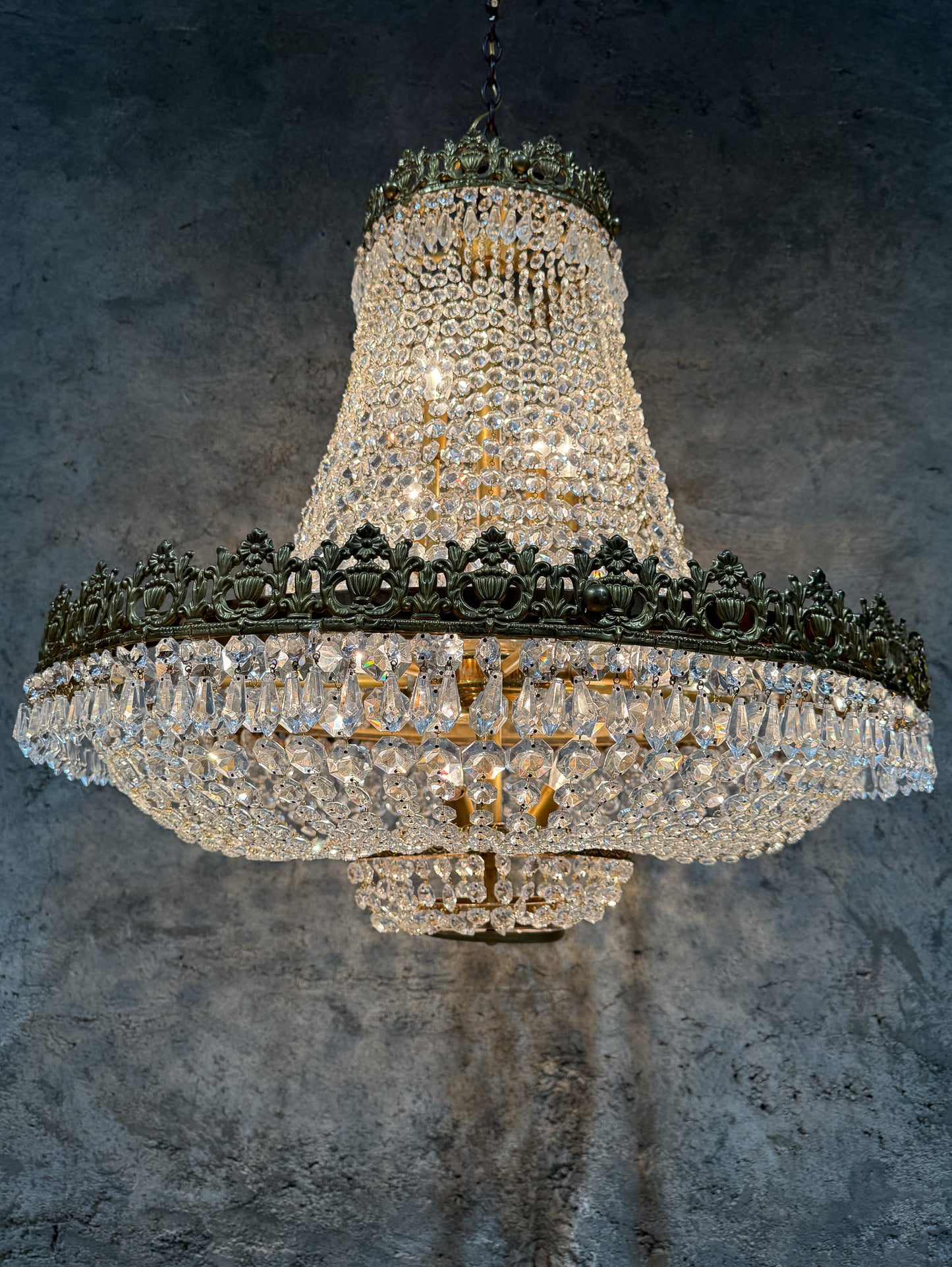 Early 20th Century Brass & Crystal Empire Basket Chandelier – 30” Wide Antique Regency Fixture