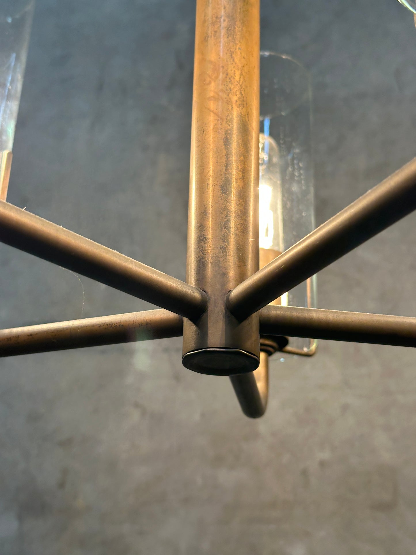 Vintage 1980s Italian-Style Brass 6-Light Pendant Chandelier, Glass Cylinder Shades, US-Listed (UL) — 1 of 2 Available, Sold Individually