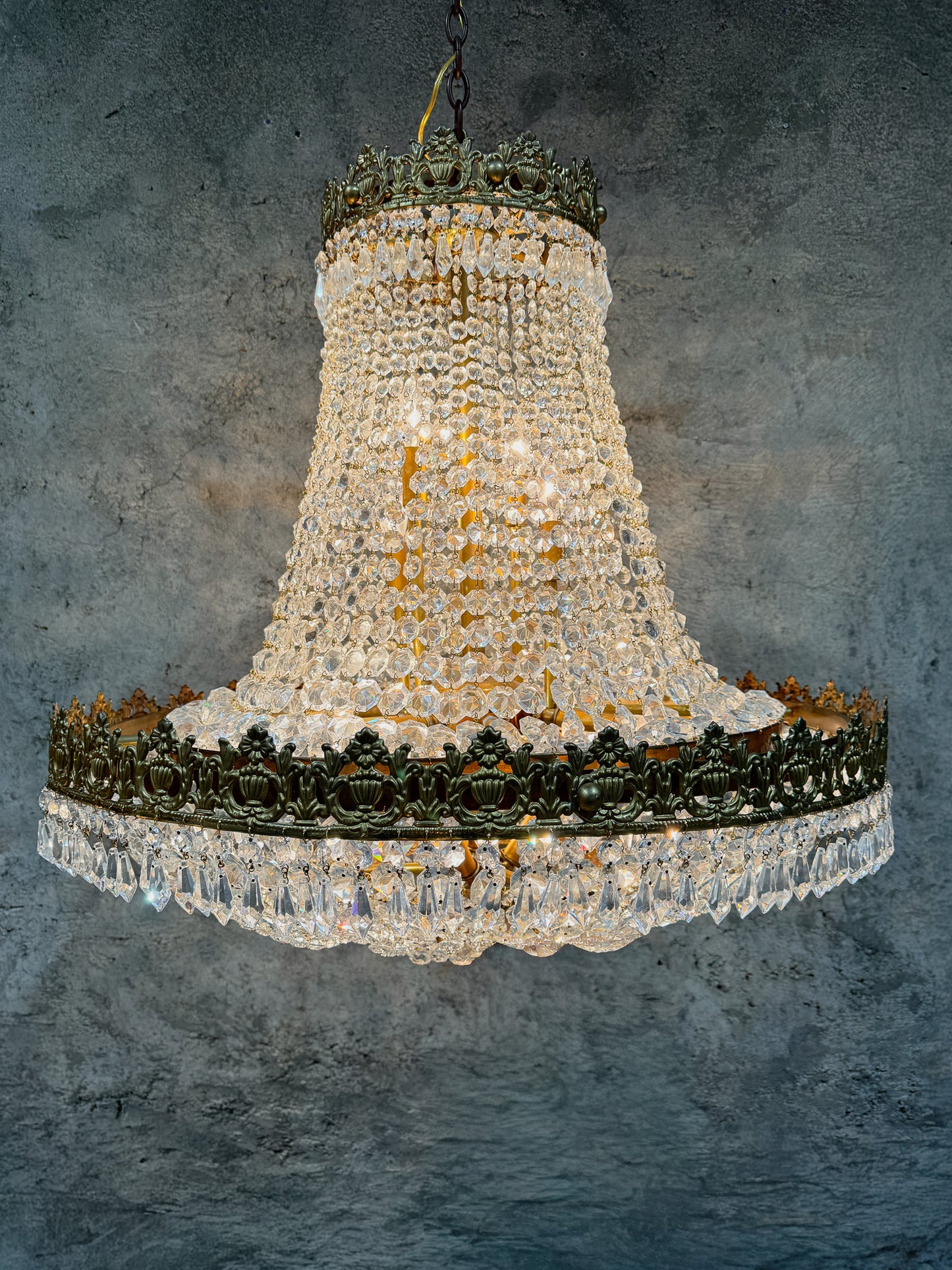 Early 20th Century Brass & Crystal Empire Basket Chandelier – 30” Wide Antique Regency Fixture