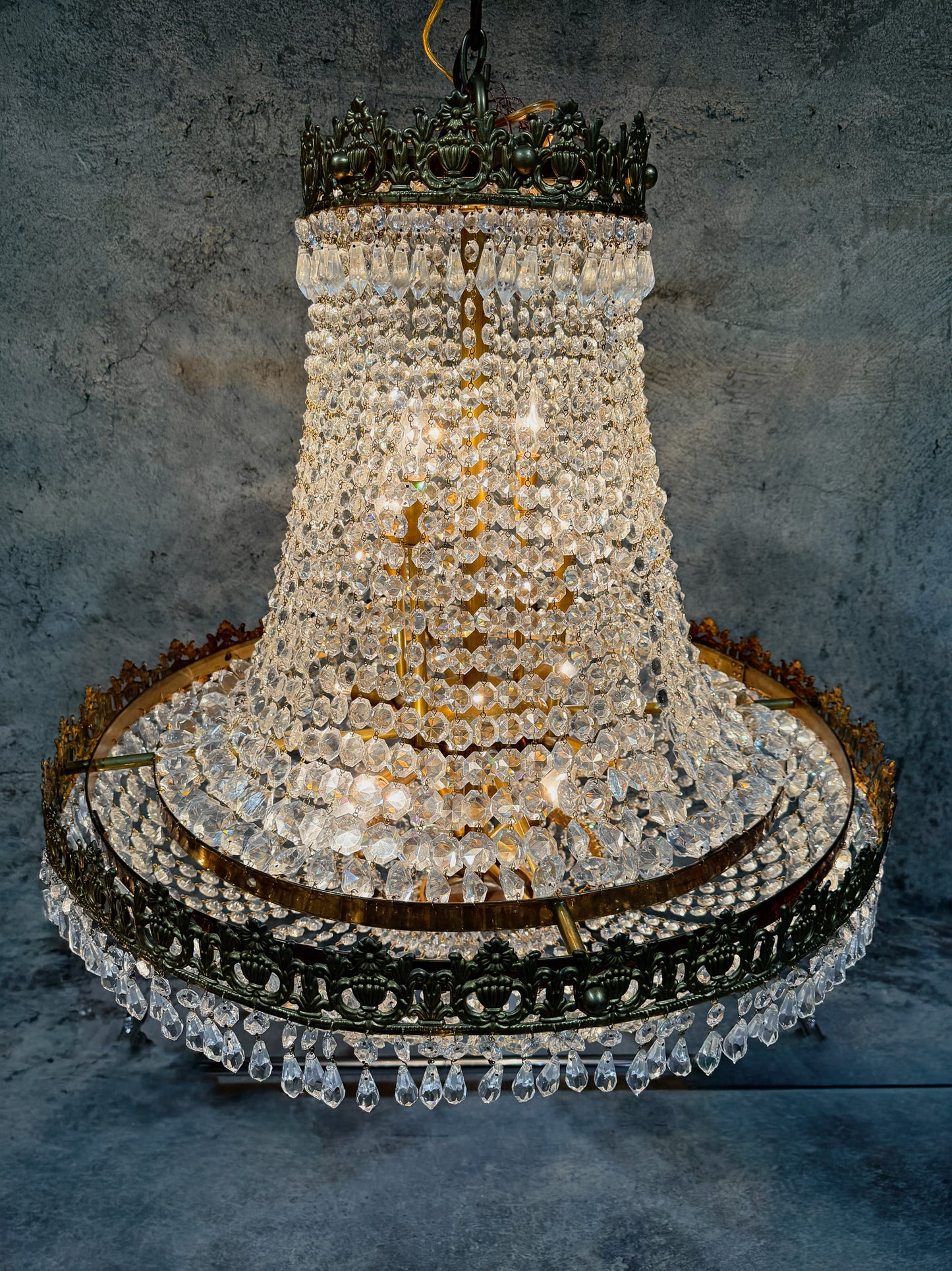 Early 20th Century Brass & Crystal Empire Basket Chandelier – 30” Wide Antique Regency Fixture