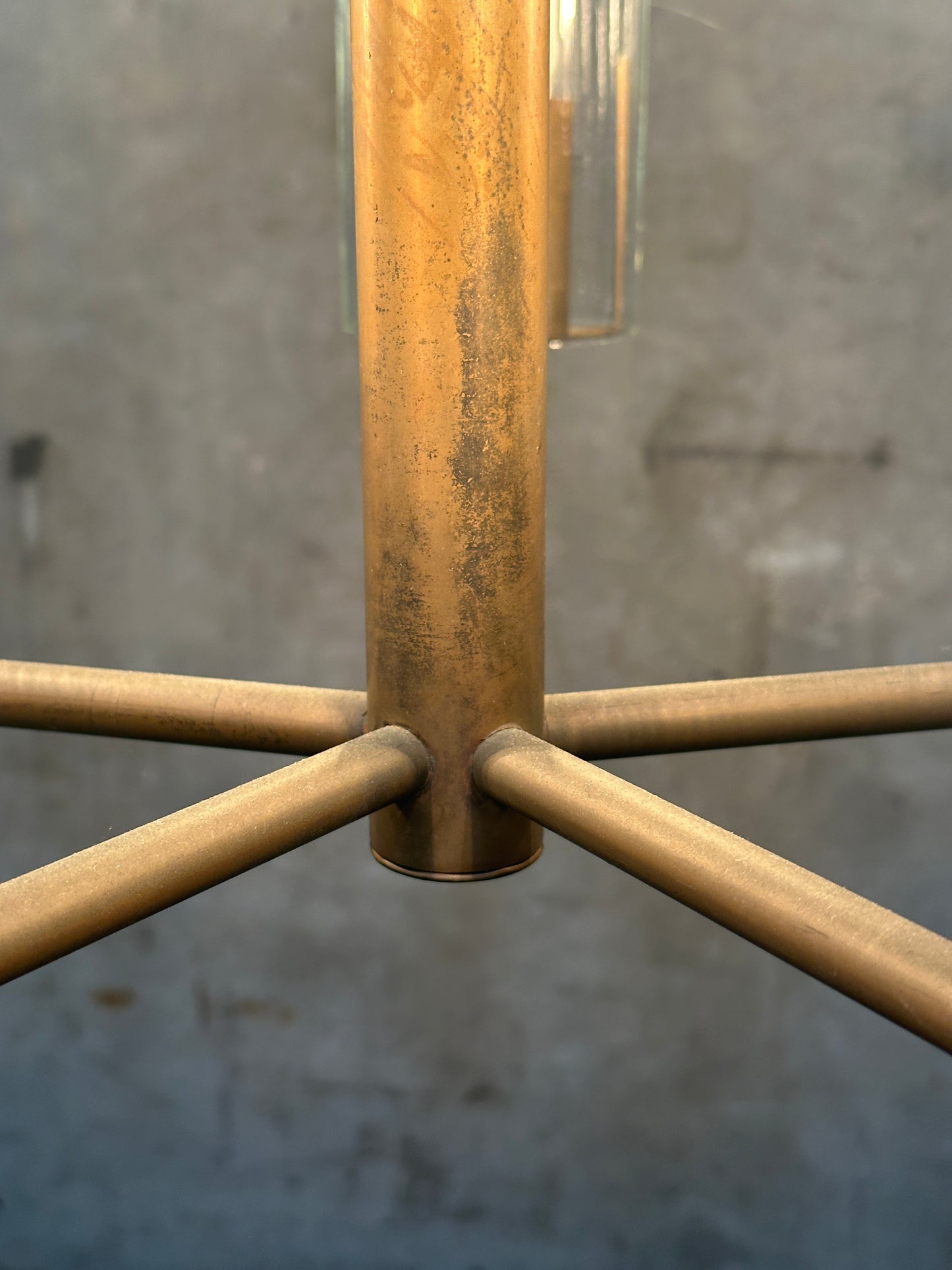 Vintage 1980s Italian-Style Brass 6-Light Pendant Chandelier, Glass Cylinder Shades, US-Listed (UL) — 1 of 2 Available, Sold Individually