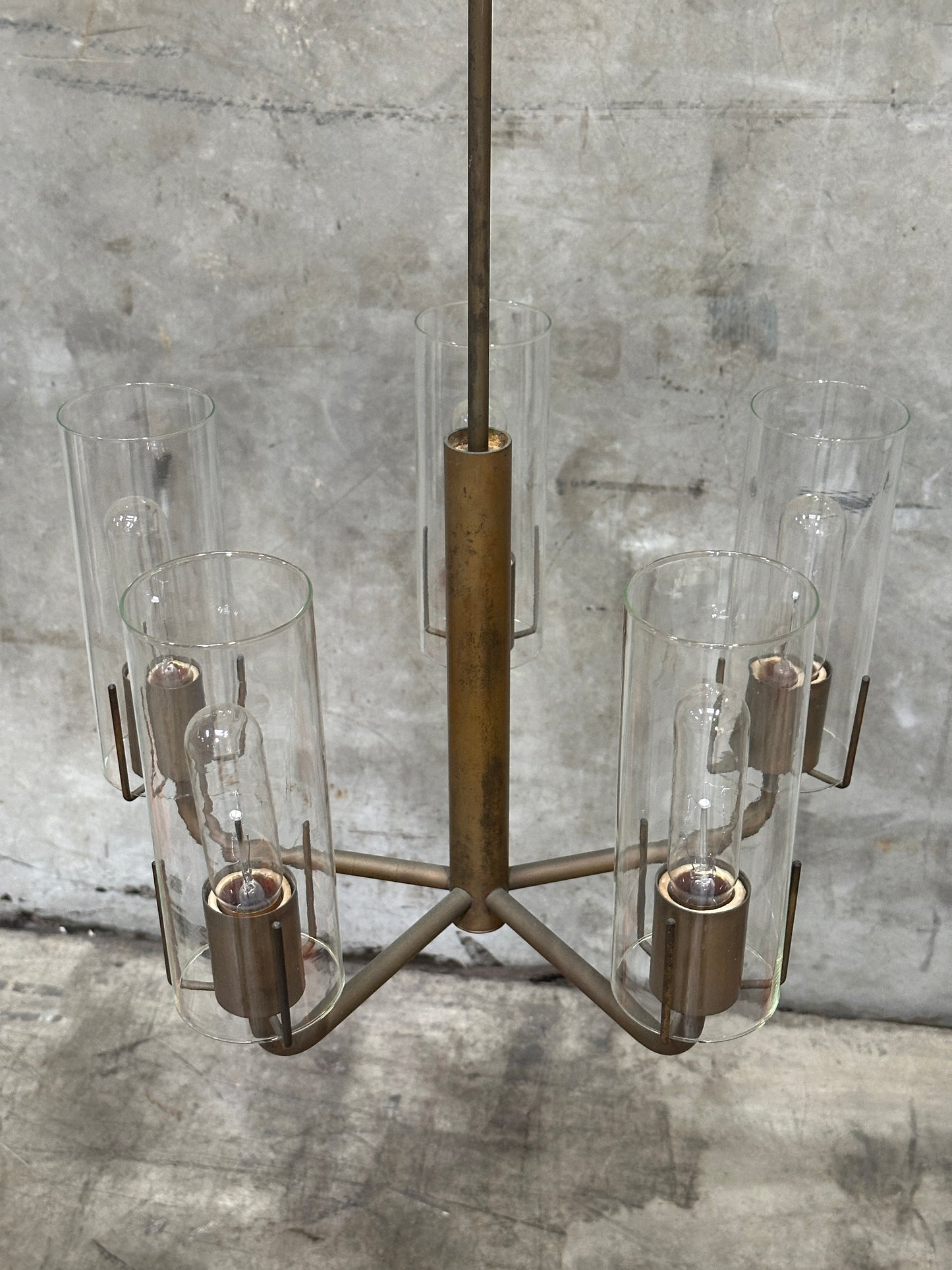 Vintage 1980s Italian-Style Brass 6-Light Pendant Chandelier, Glass Cylinder Shades, US-Listed (UL) — 1 of 2 Available, Sold Individually